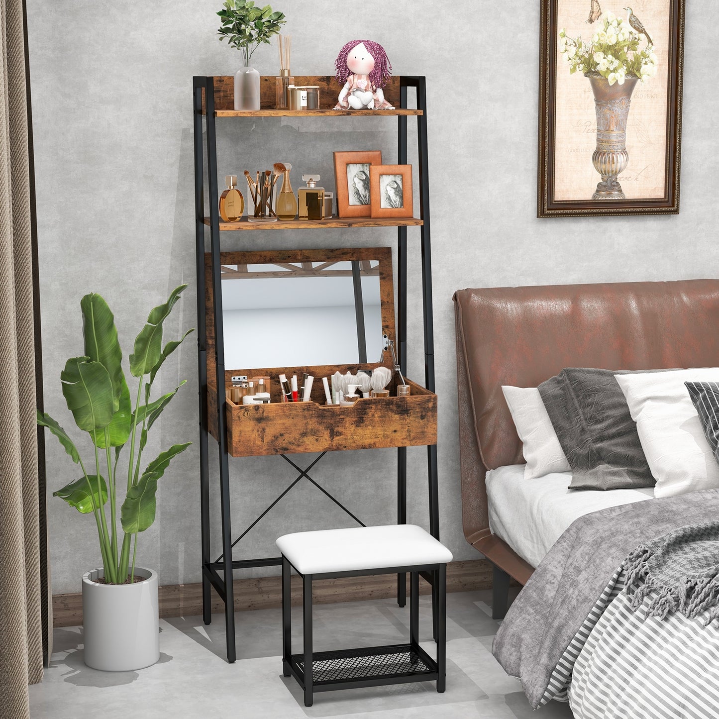 Modern Ladder Vanity Desk Set with Flip-Top Mirror, Storage Shelves, and Cushioned Stool – Black