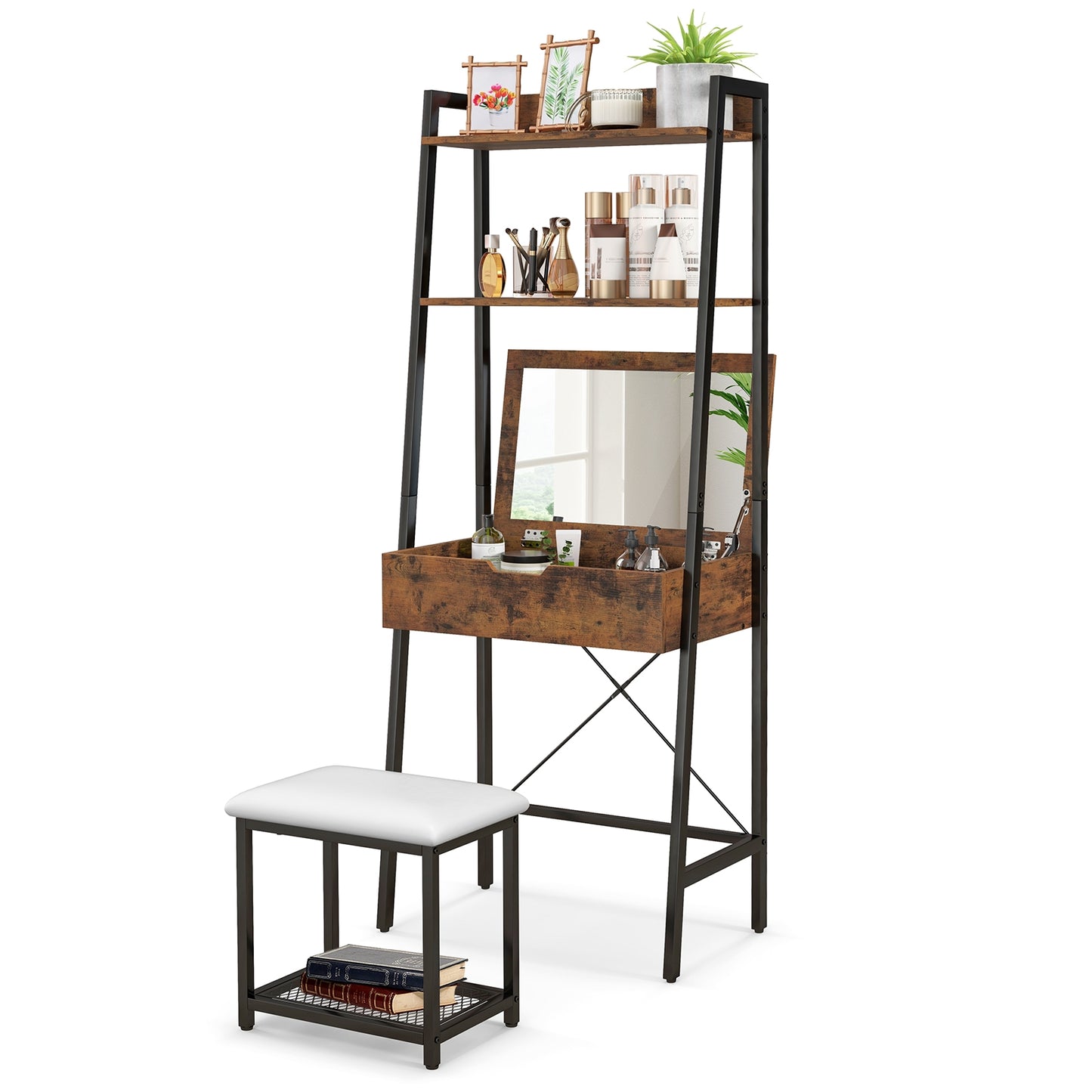 Modern Ladder Vanity Desk Set with Flip-Top Mirror, Storage Shelves, and Cushioned Stool – Black