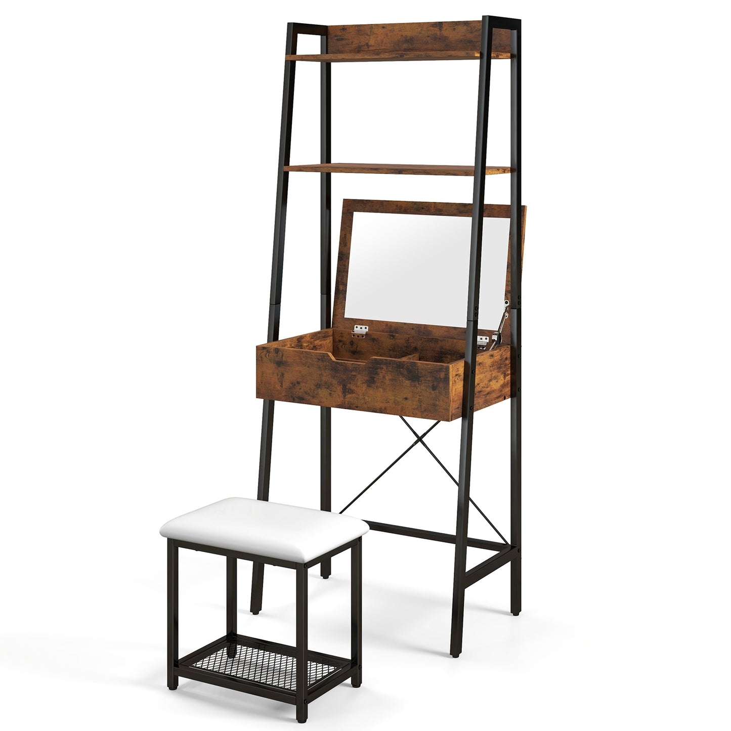 Modern Ladder Vanity Desk Set with Flip-Top Mirror, Storage Shelves, and Cushioned Stool – Black