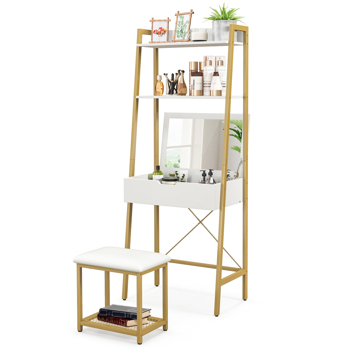 Modern Ladder Vanity Desk Set with Flip-Top Mirror, Storage Shelves, and Cushioned Stool – Golden