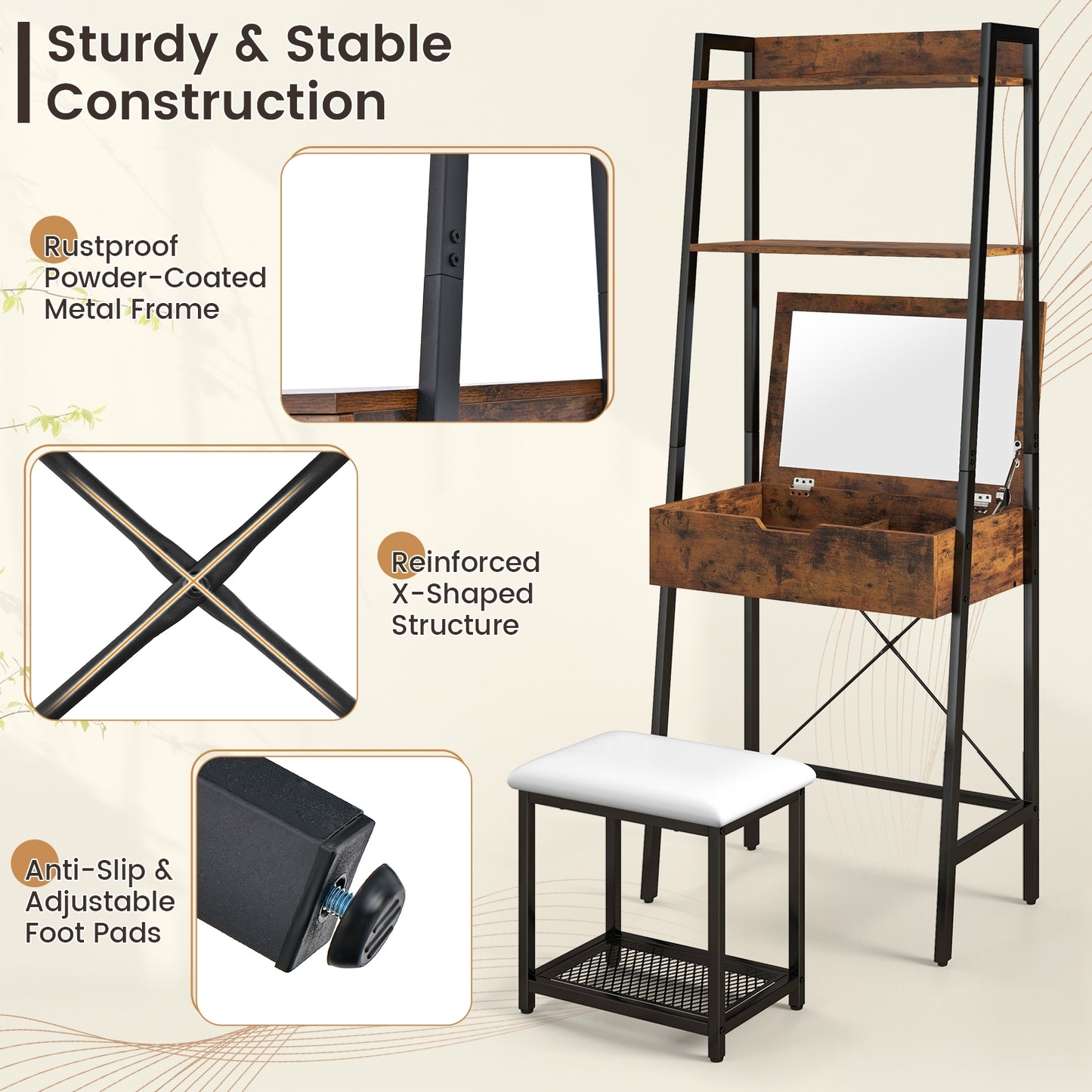 Modern Ladder Vanity Desk Set with Flip-Top Mirror, Storage Shelves, and Cushioned Stool – Black