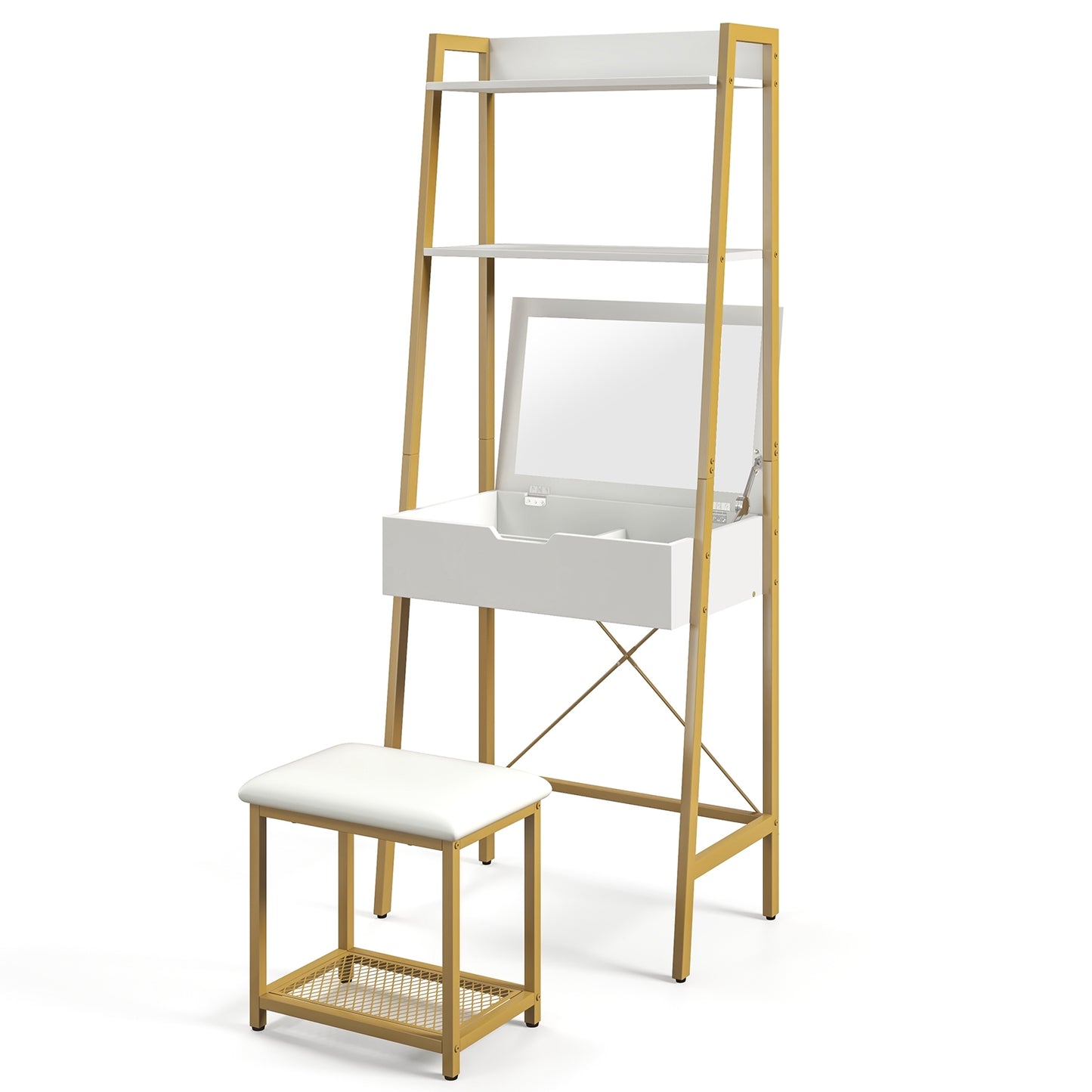 Modern Ladder Vanity Desk Set with Flip-Top Mirror, Storage Shelves, and Cushioned Stool – Golden