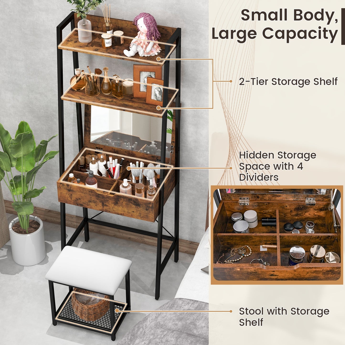 Modern Ladder Vanity Desk Set with Flip-Top Mirror, Storage Shelves, and Cushioned Stool – Black