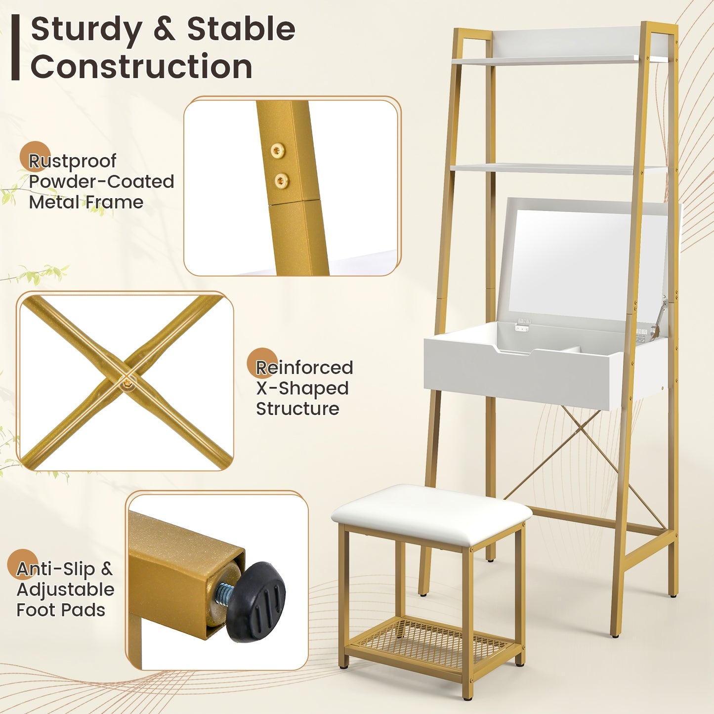 Modern Ladder Vanity Desk Set with Flip-Top Mirror, Storage Shelves, and Cushioned Stool – Golden