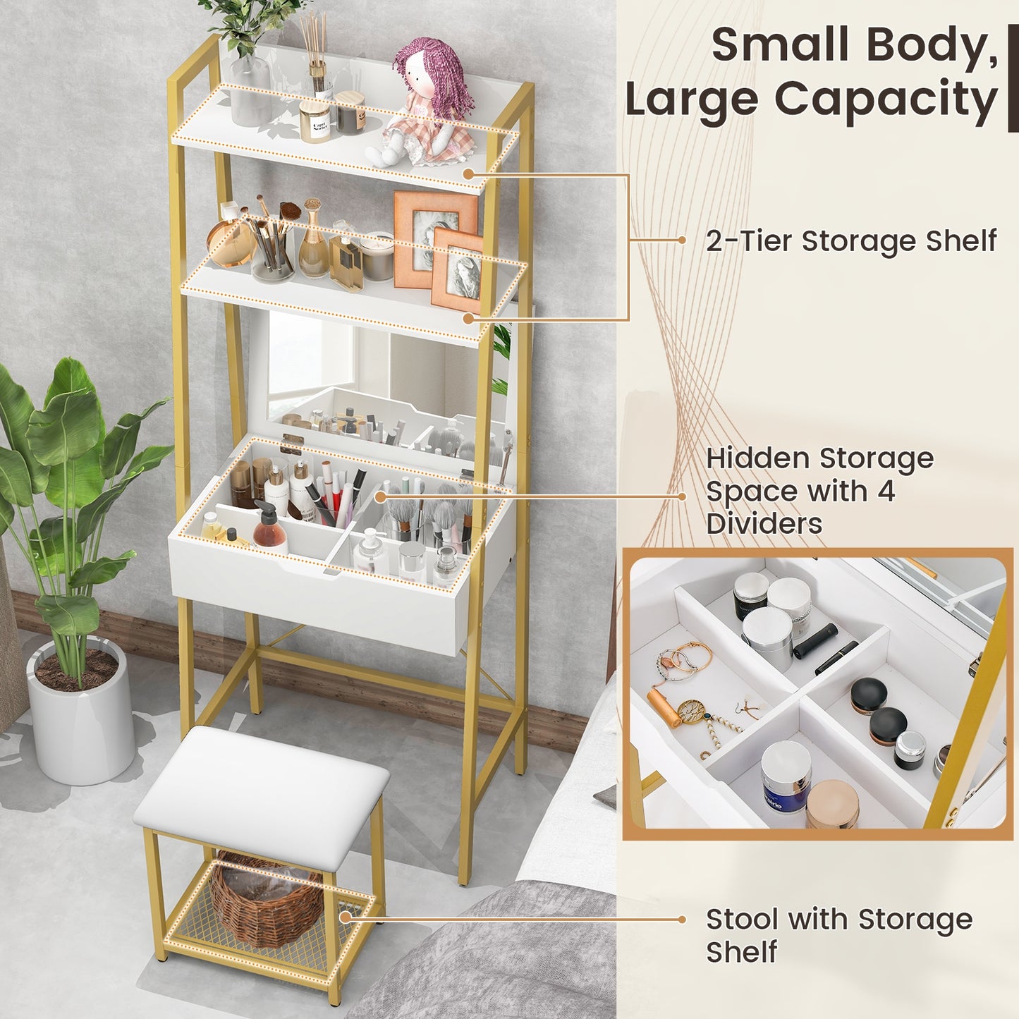 Modern Ladder Vanity Desk Set with Flip-Top Mirror, Storage Shelves, and Cushioned Stool – Golden