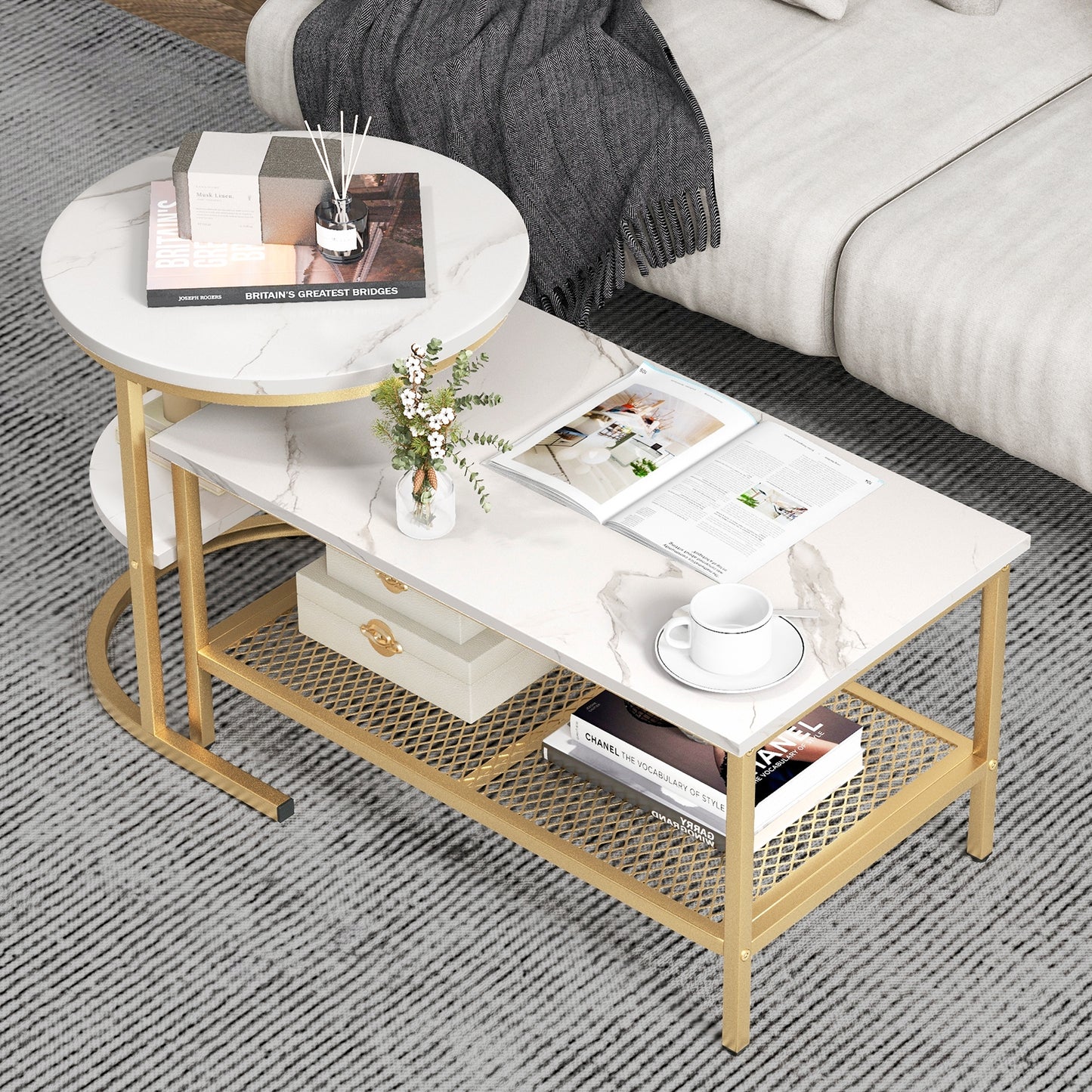 Modern Nesting Coffee Table Set with Faux Marble Top and Storage Shelf - Golden