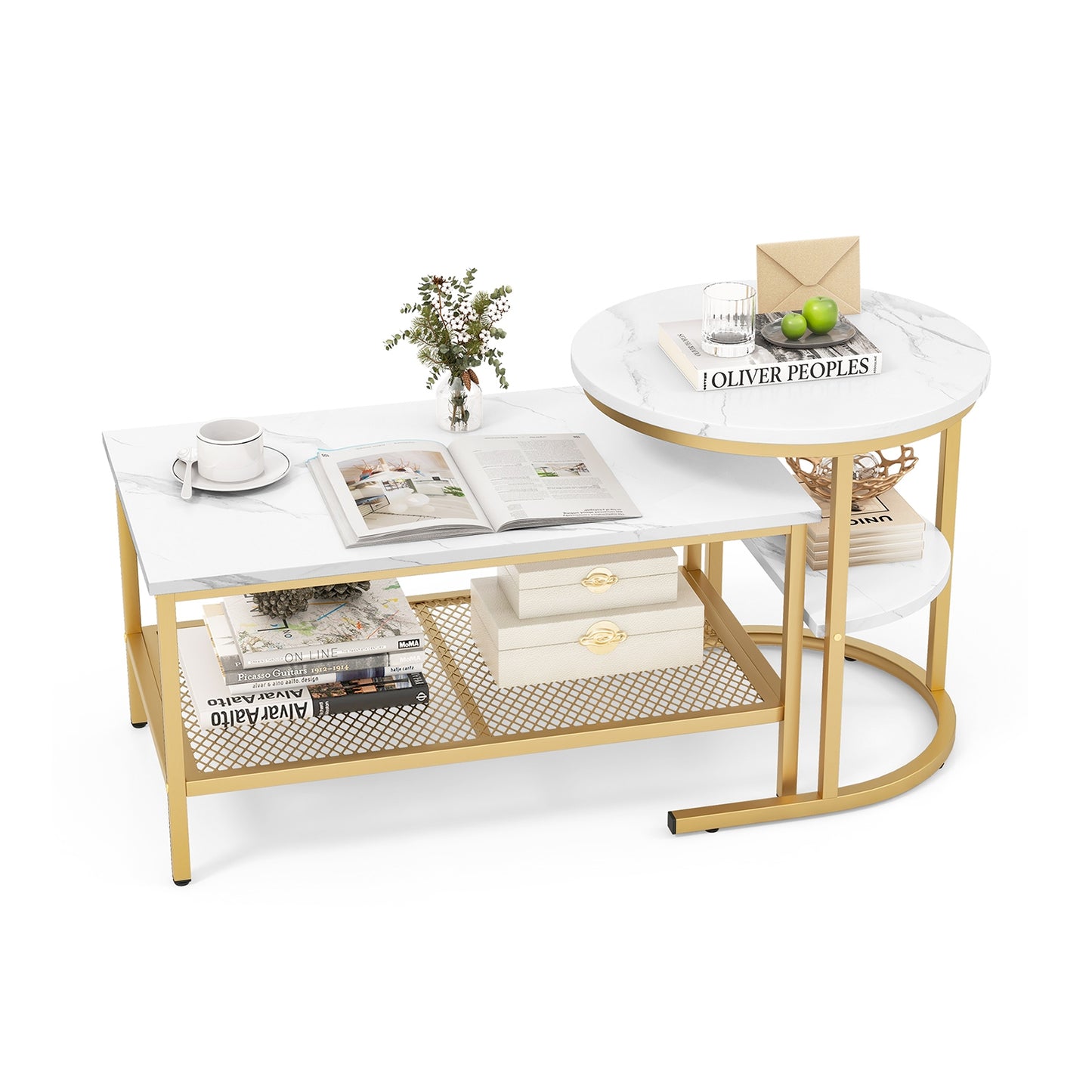 Modern Nesting Coffee Table Set with Faux Marble Top and Storage Shelf - Golden