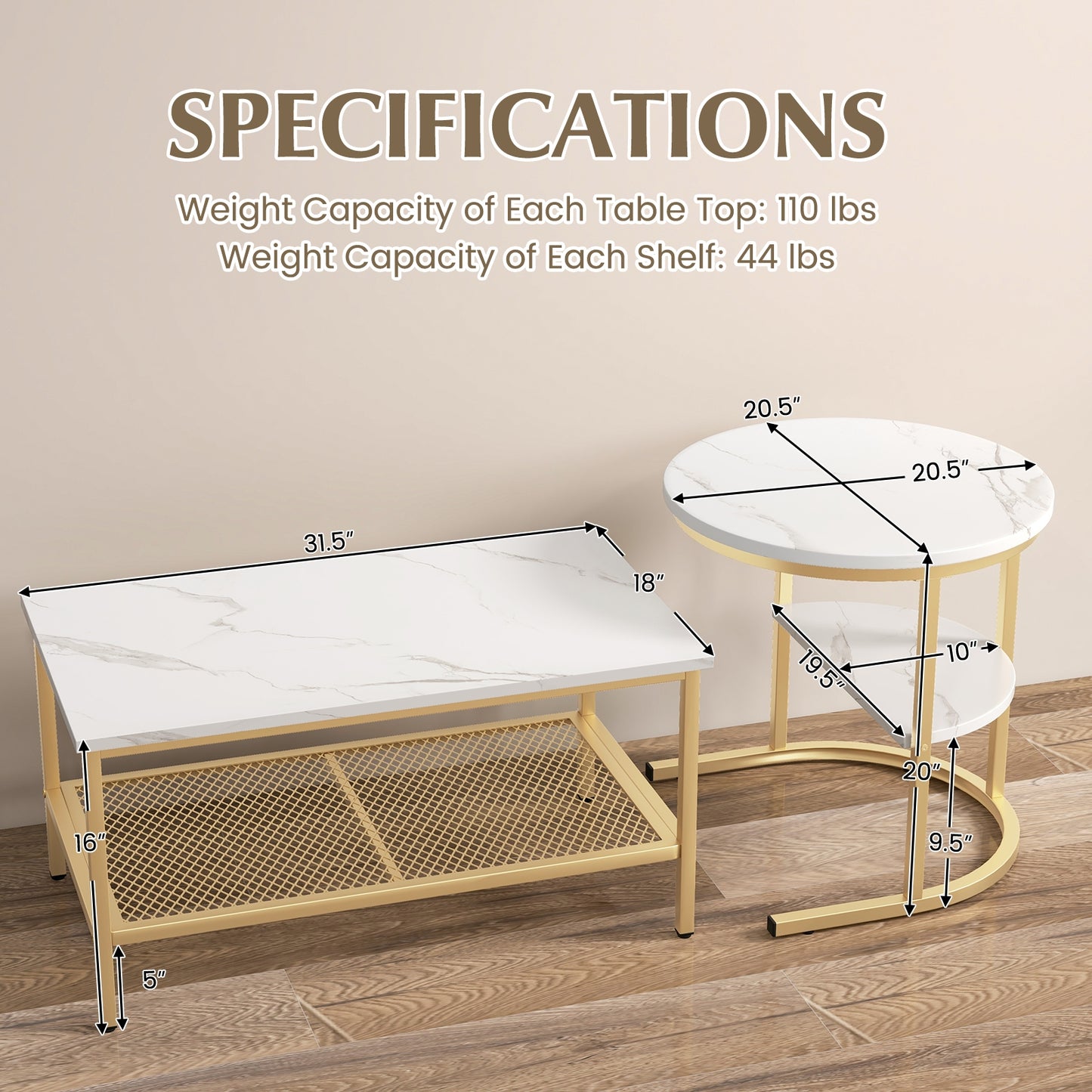 Modern Nesting Coffee Table Set with Faux Marble Top and Storage Shelf - Golden