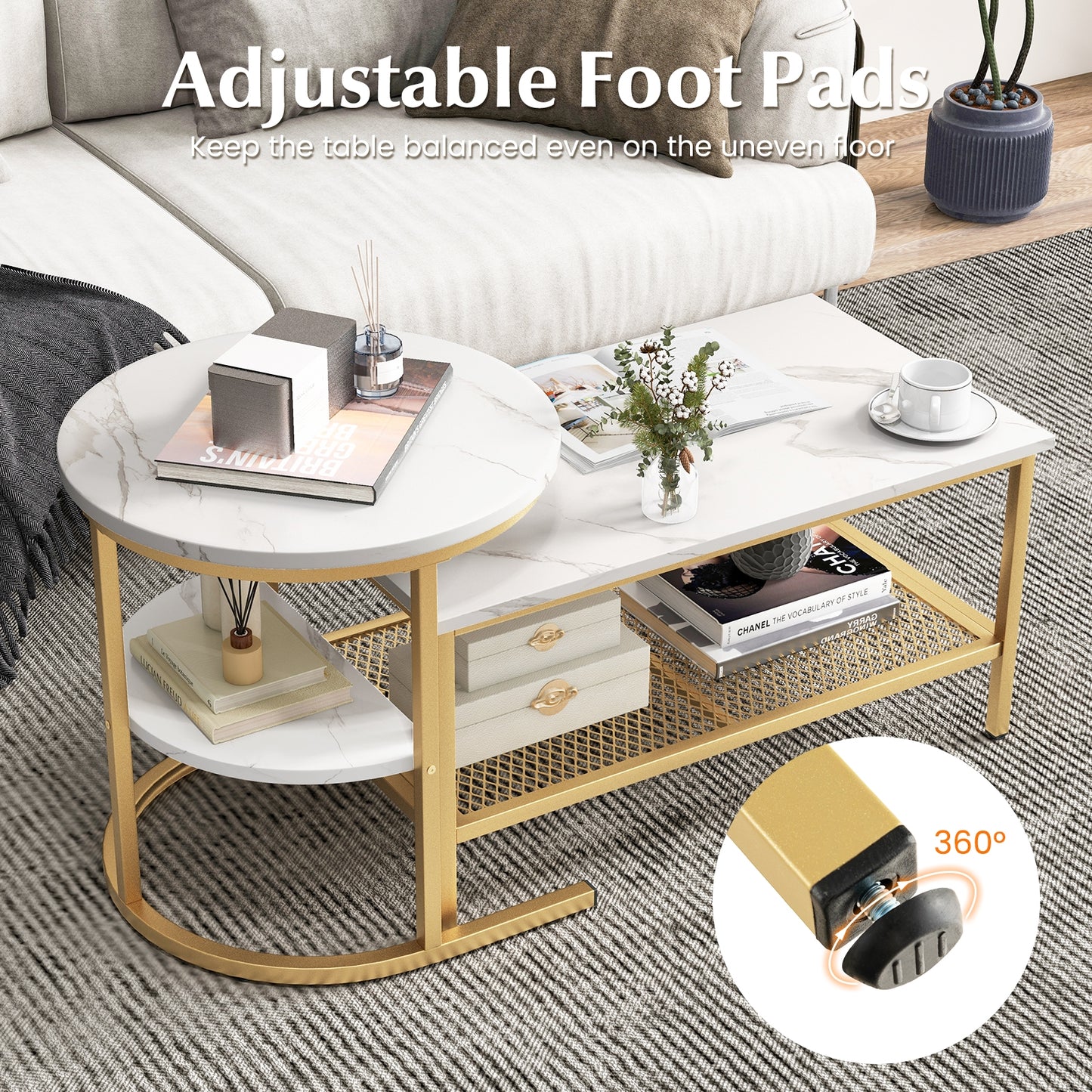 Modern Nesting Coffee Table Set with Faux Marble Top and Storage Shelf - Golden