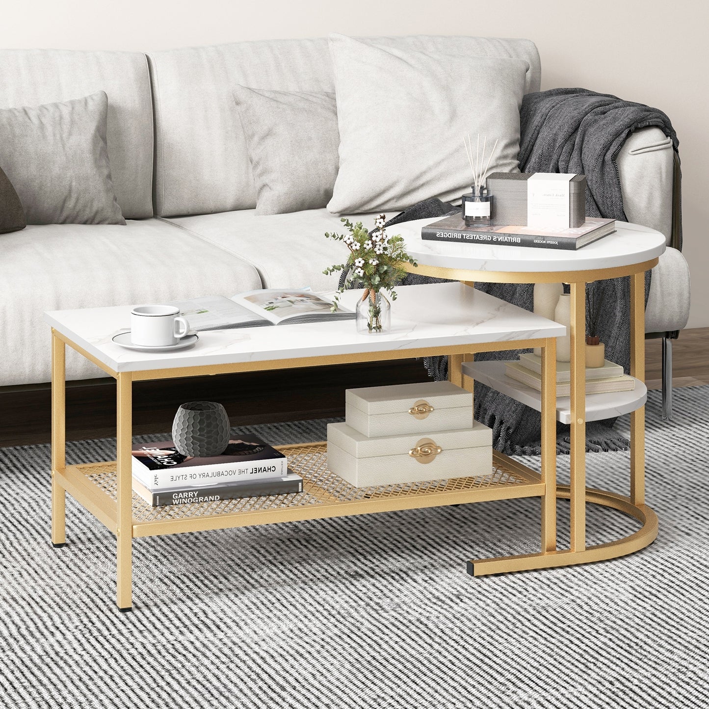 Modern Nesting Coffee Table Set with Faux Marble Top and Storage Shelf - Golden