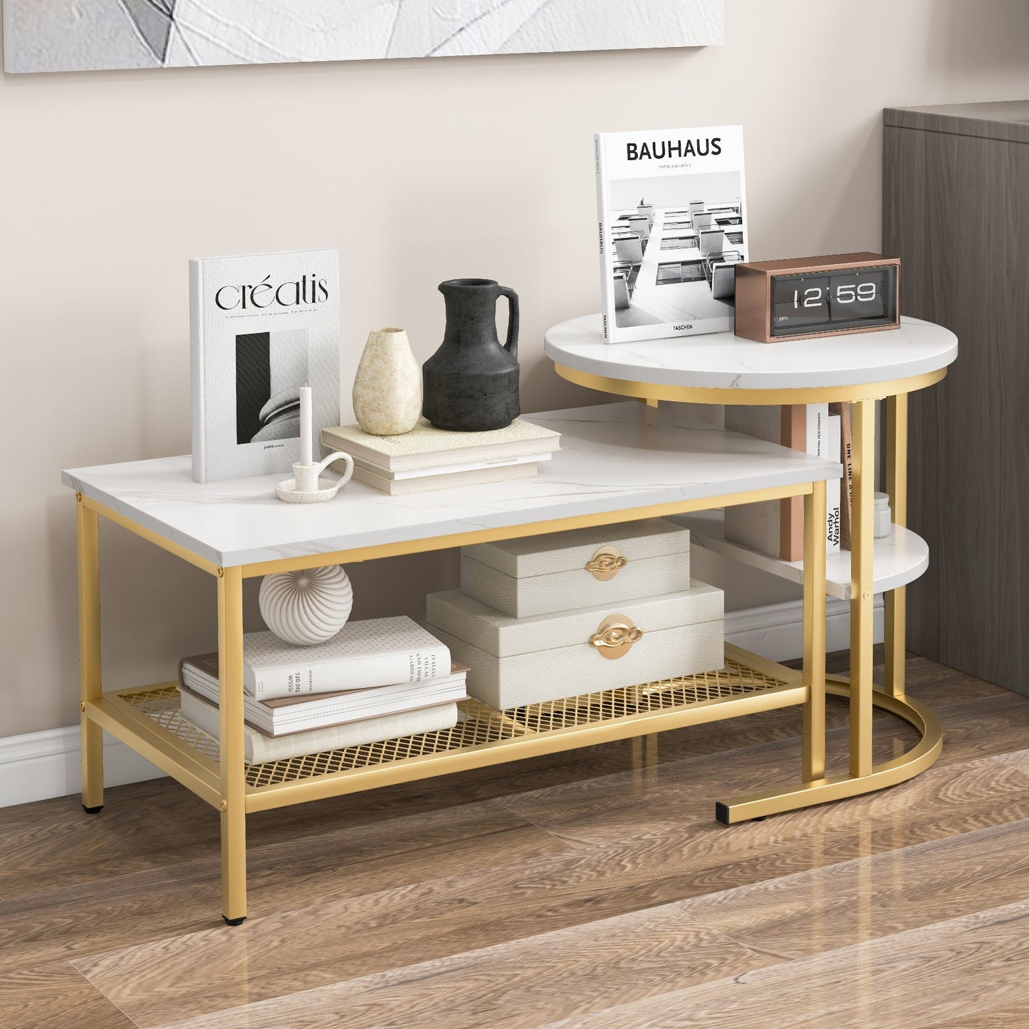 Modern Nesting Coffee Table Set with Faux Marble Top and Storage Shelf - Golden