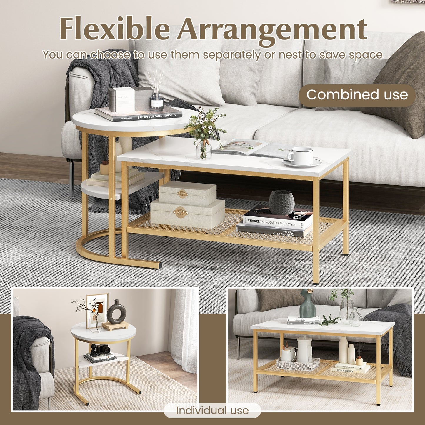 Modern Nesting Coffee Table Set with Faux Marble Top and Storage Shelf - Golden