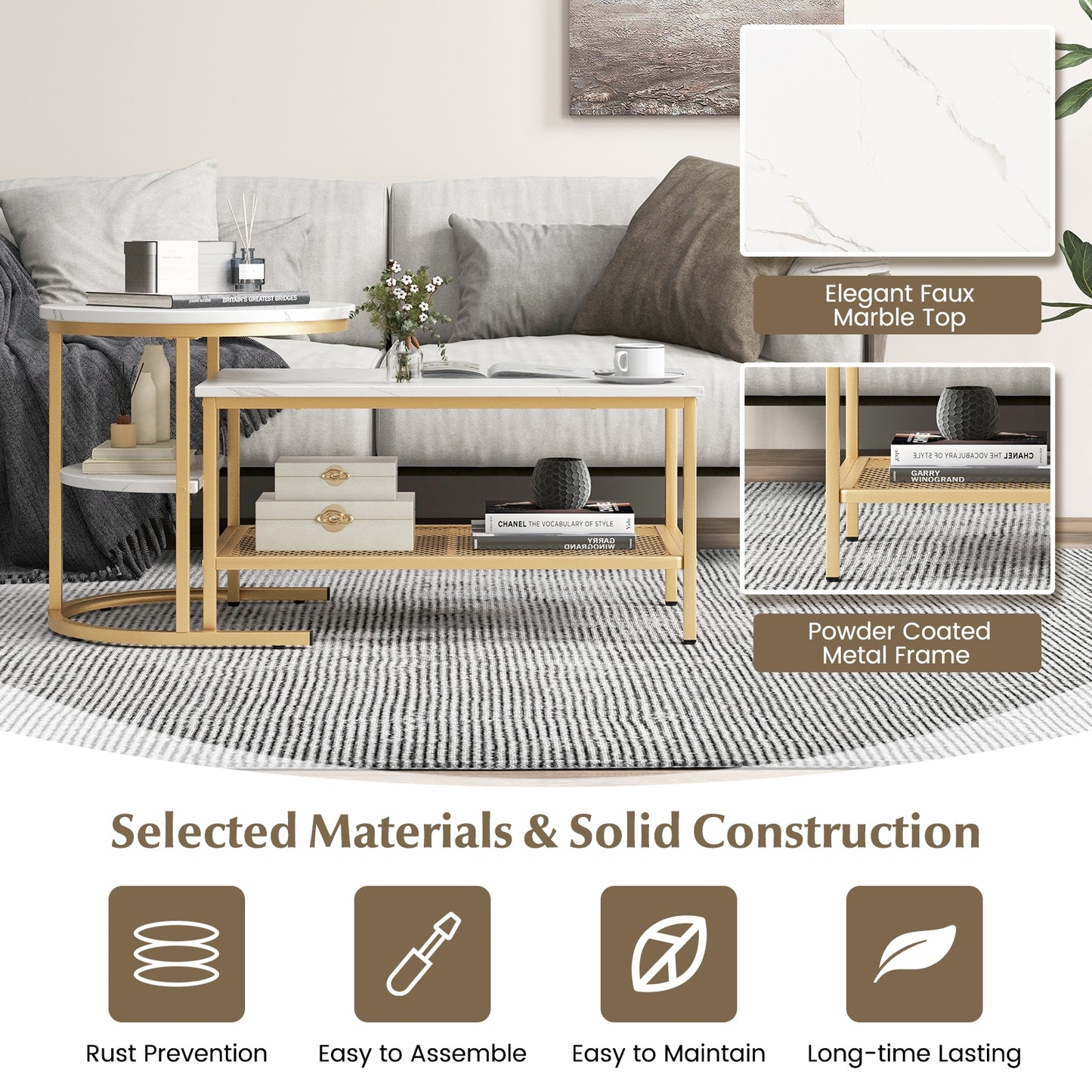 Modern Nesting Coffee Table Set with Faux Marble Top and Storage Shelf - Golden
