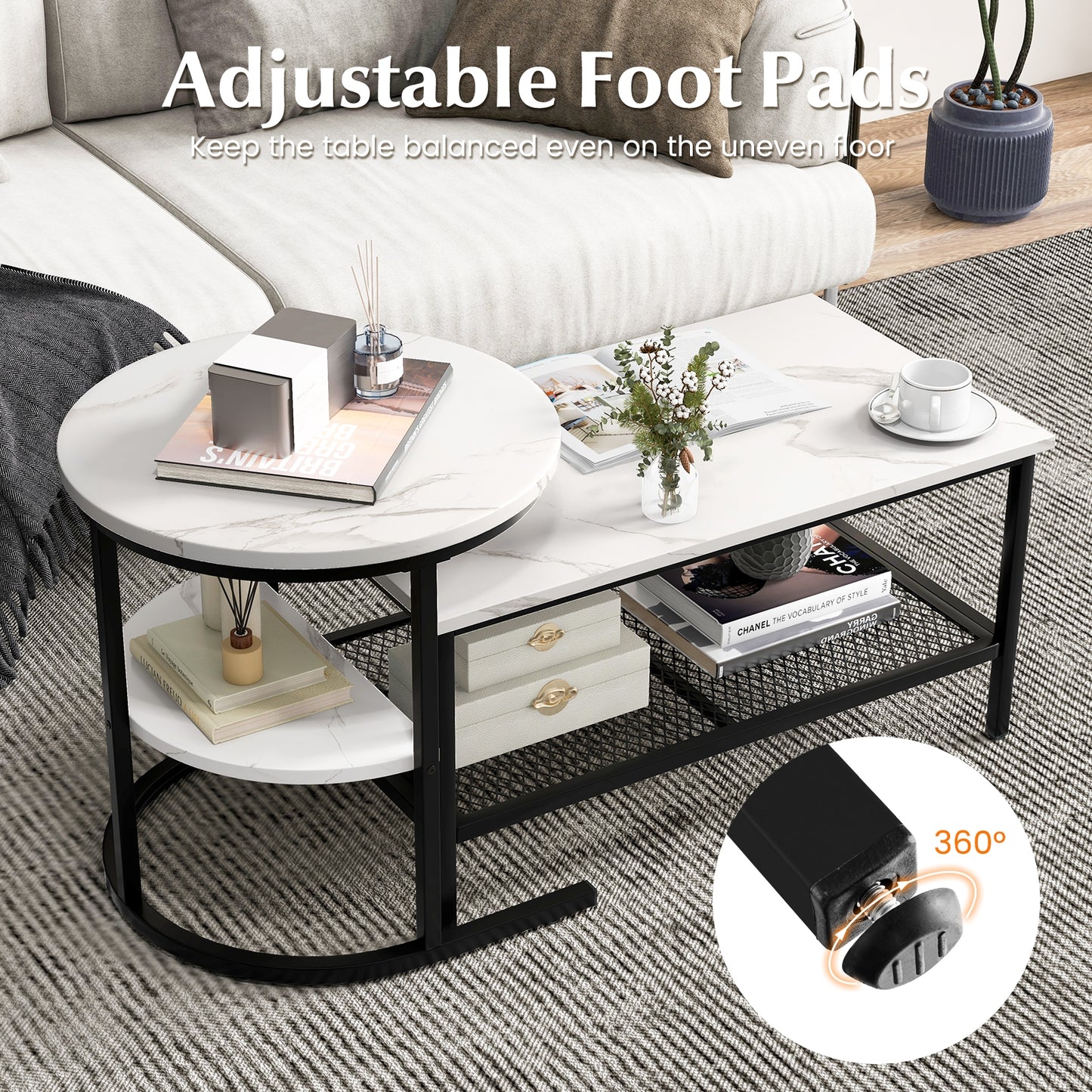 Modern Nesting Coffee Table Set with Faux Marble Top and Storage Shelf - Black