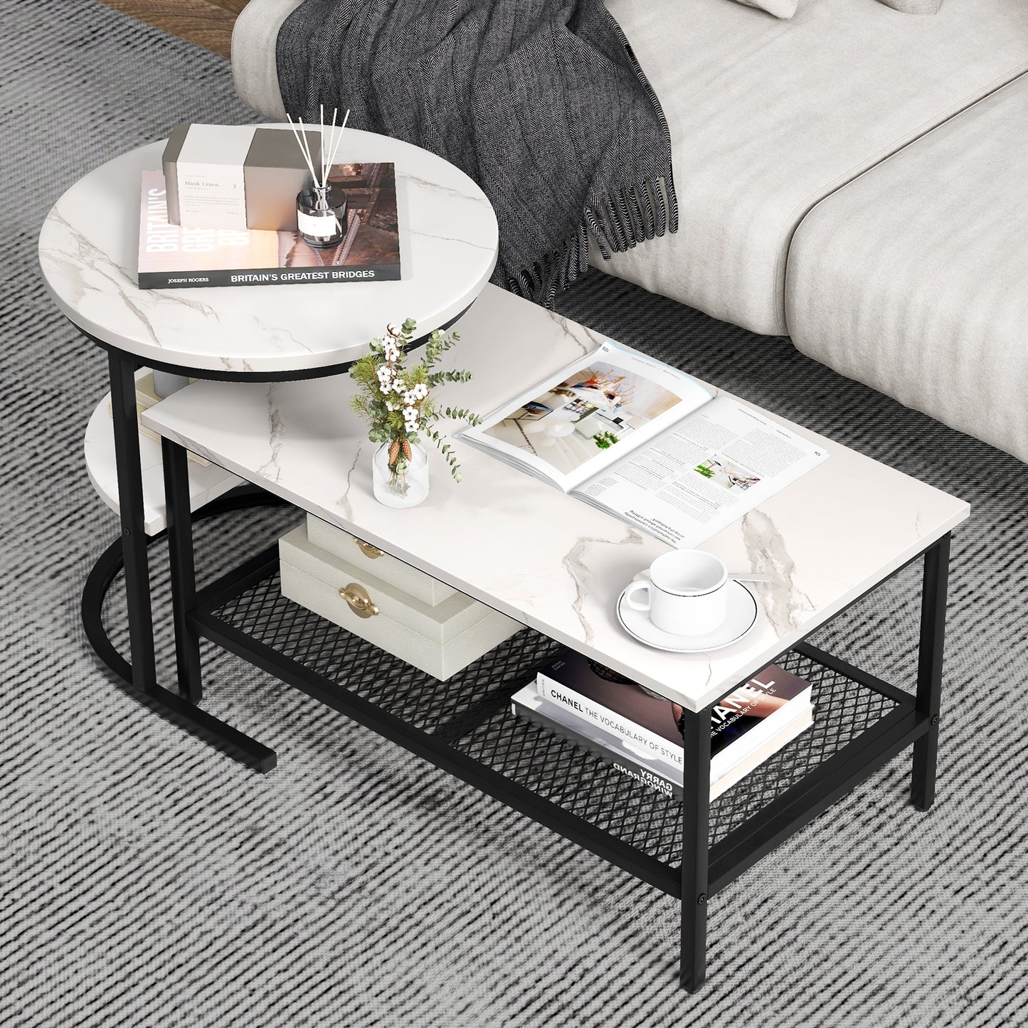 Modern Nesting Coffee Table Set with Faux Marble Top and Storage Shelf - Black