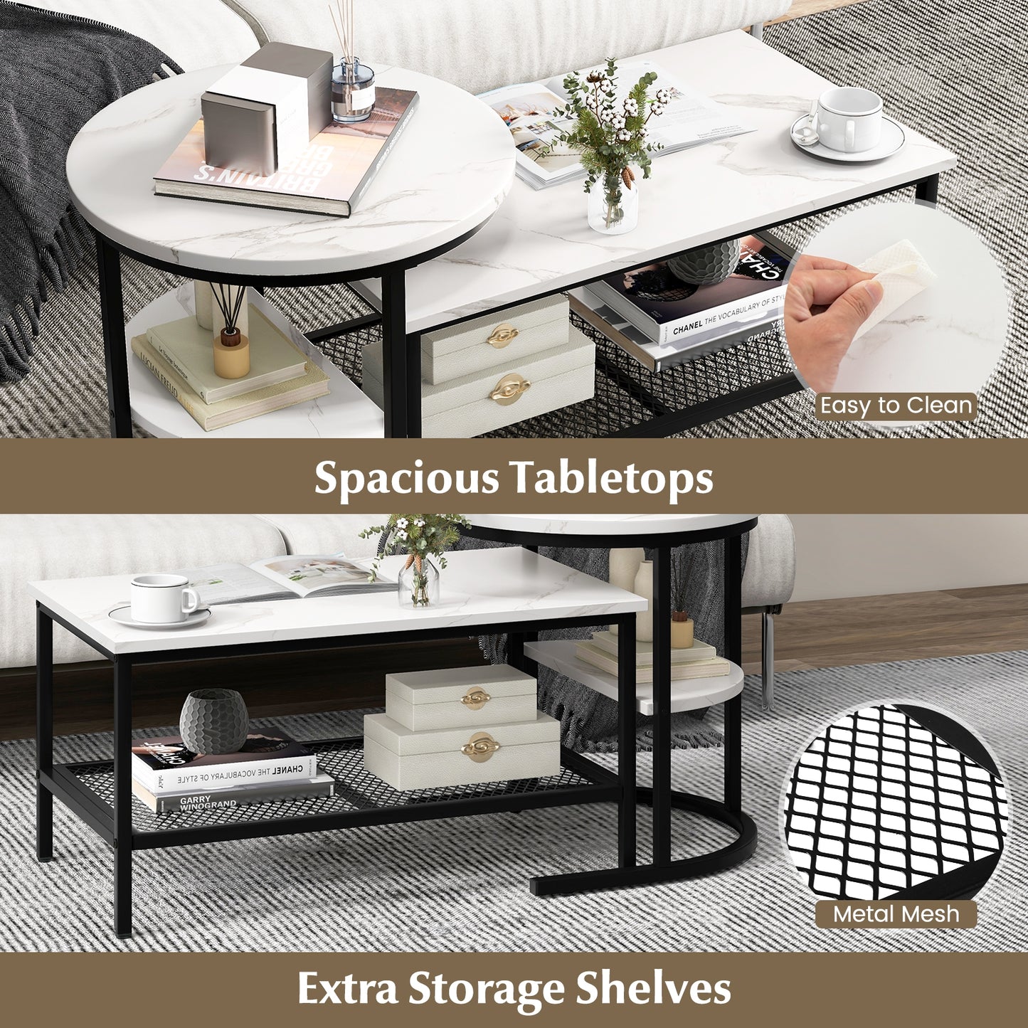Modern Nesting Coffee Table Set with Faux Marble Top and Storage Shelf - Black
