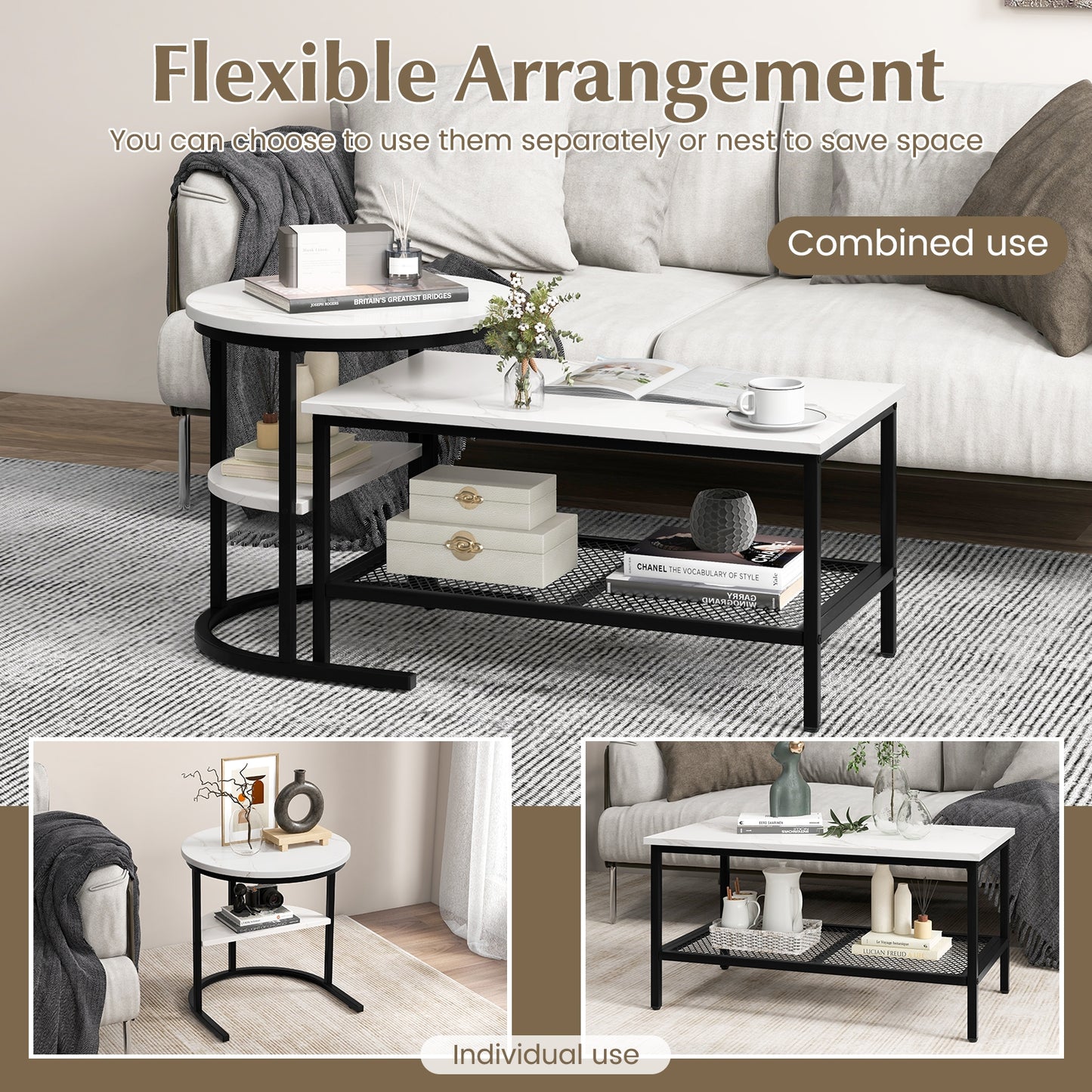 Modern Nesting Coffee Table Set with Faux Marble Top and Storage Shelf - Black
