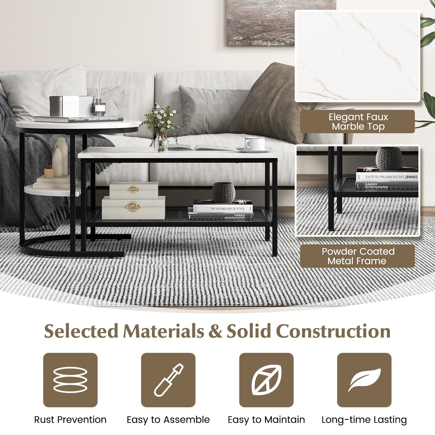 Modern Nesting Coffee Table Set with Faux Marble Top and Storage Shelf - Black