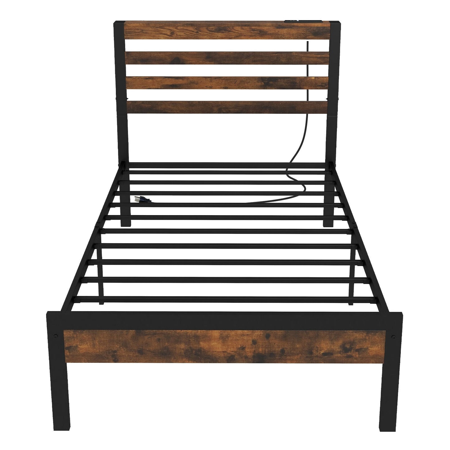 Rustic Brown Metal Platform Bed Frame with Storage Headboard and Built-in Charging Station - Twin Size