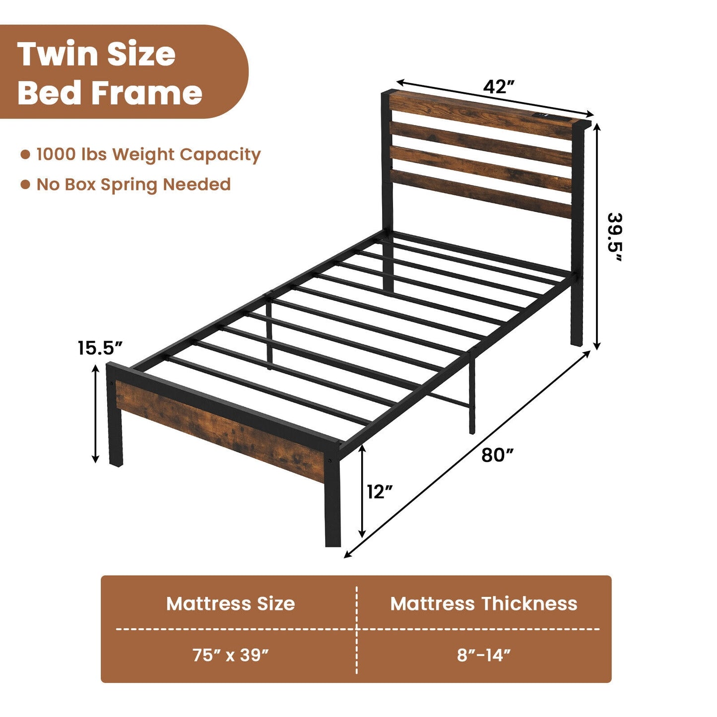 Rustic Brown Metal Platform Bed Frame with Storage Headboard and Built-in Charging Station - Twin Size