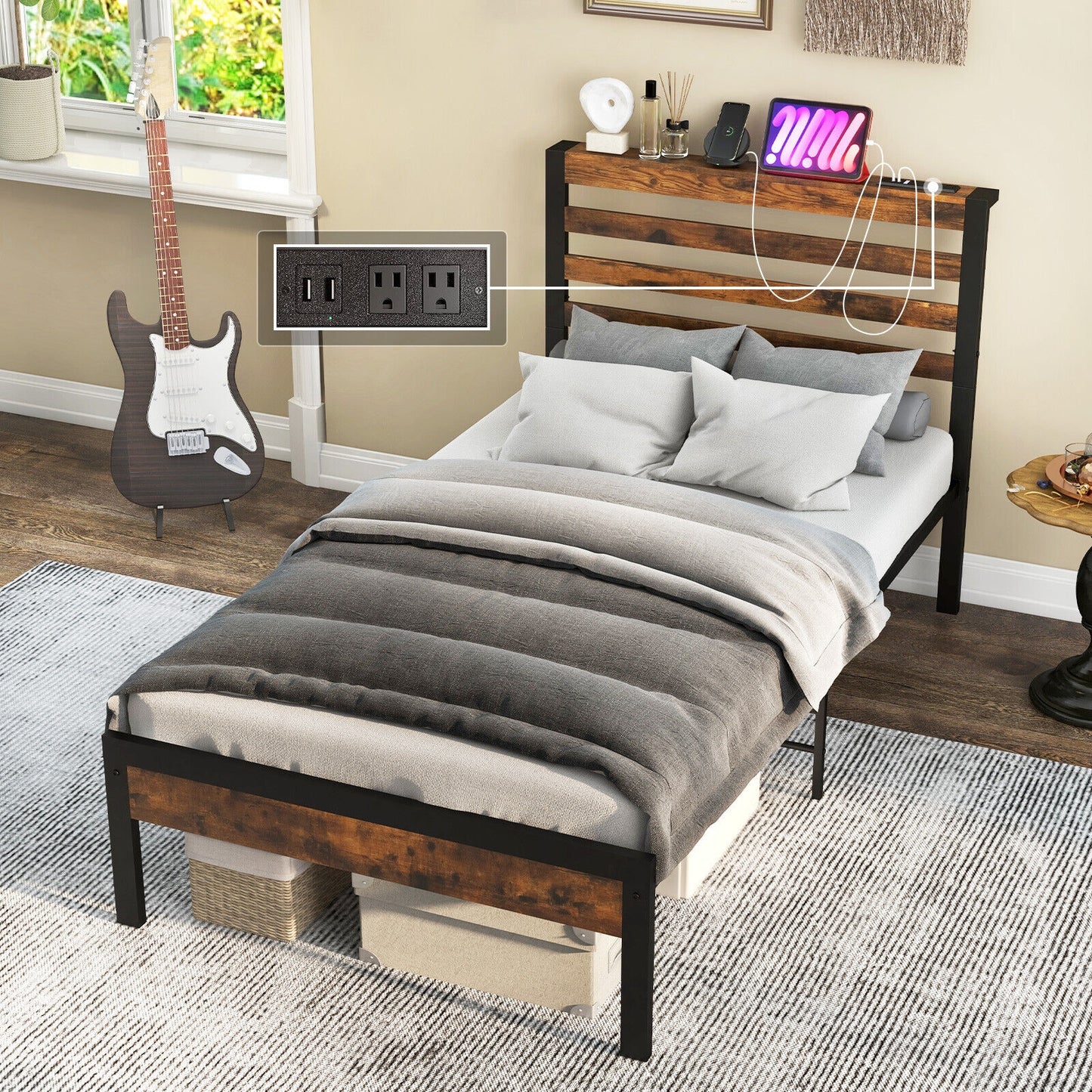 Rustic Brown Metal Platform Bed Frame with Storage Headboard and Built-in Charging Station - Twin Size
