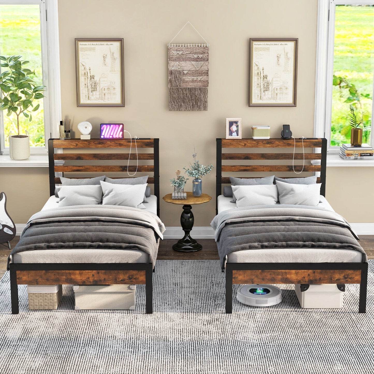 Rustic Brown Metal Platform Bed Frame with Storage Headboard and Built-in Charging Station - Twin Size