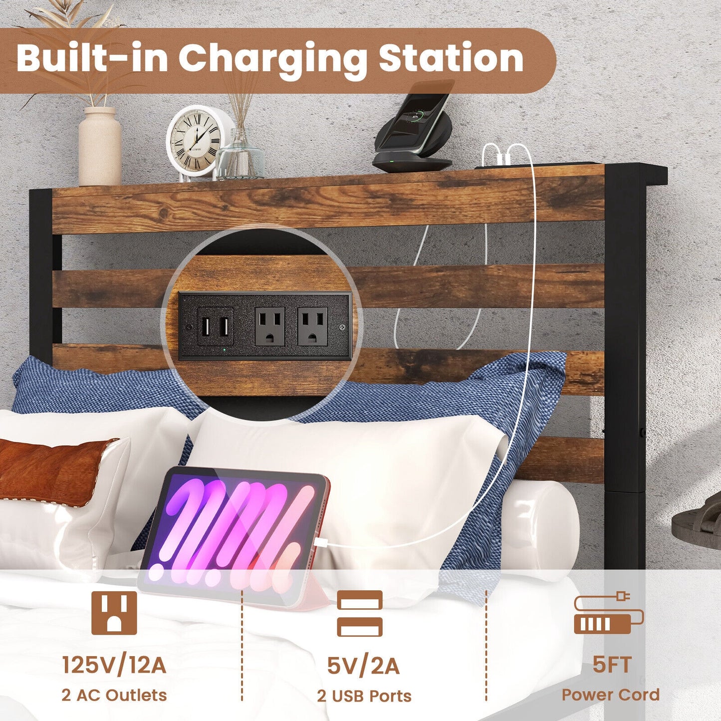 Rustic Brown Metal Platform Bed Frame with Storage Headboard and Built-in Charging Station - Twin Size