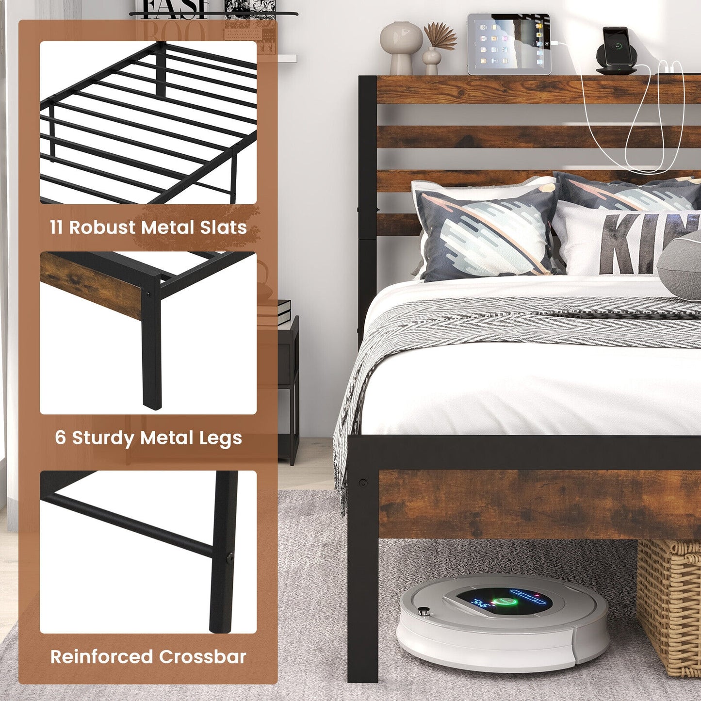 Rustic Brown Metal Platform Bed Frame with Storage Headboard and Built-in Charging Station - Twin Size