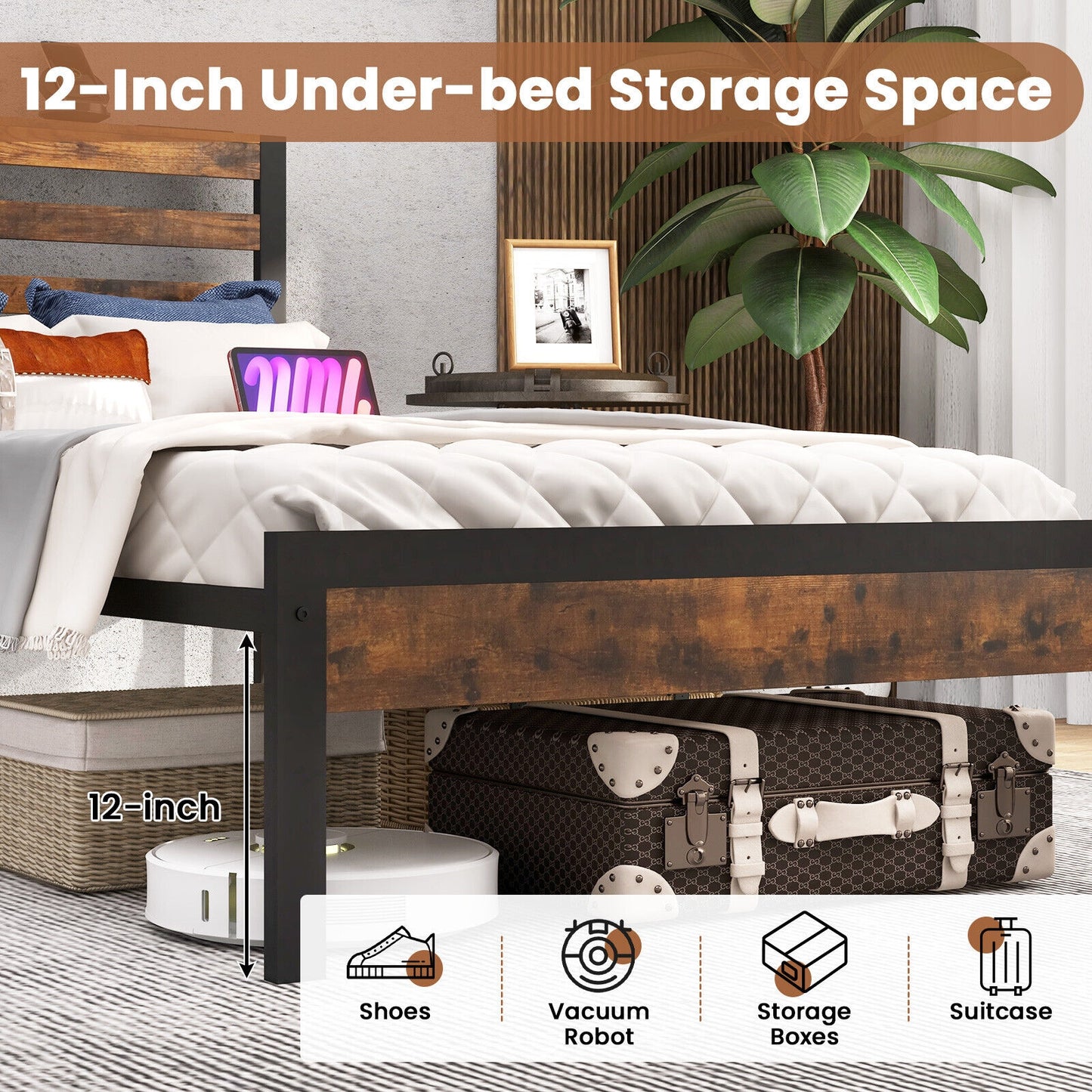 Rustic Brown Metal Platform Bed Frame with Storage Headboard and Built-in Charging Station - Twin Size