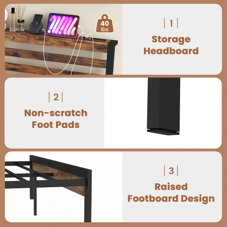 Rustic Brown Metal Platform Bed Frame with Storage Headboard and Built-in Charging Station - Twin Size