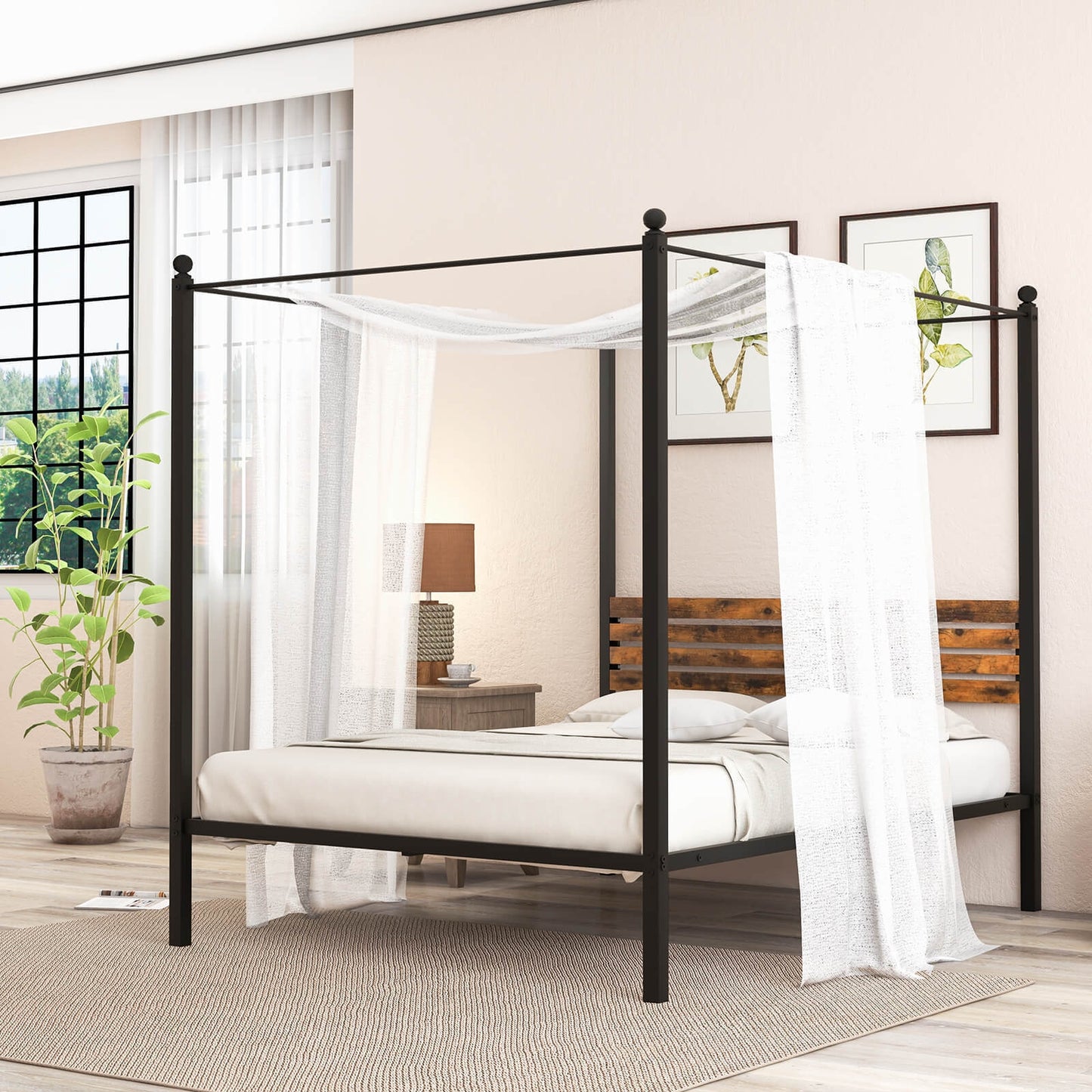 Rustic Canopy Bed Frame with Slatted Headboard and Under Bed Storage – Queen Size