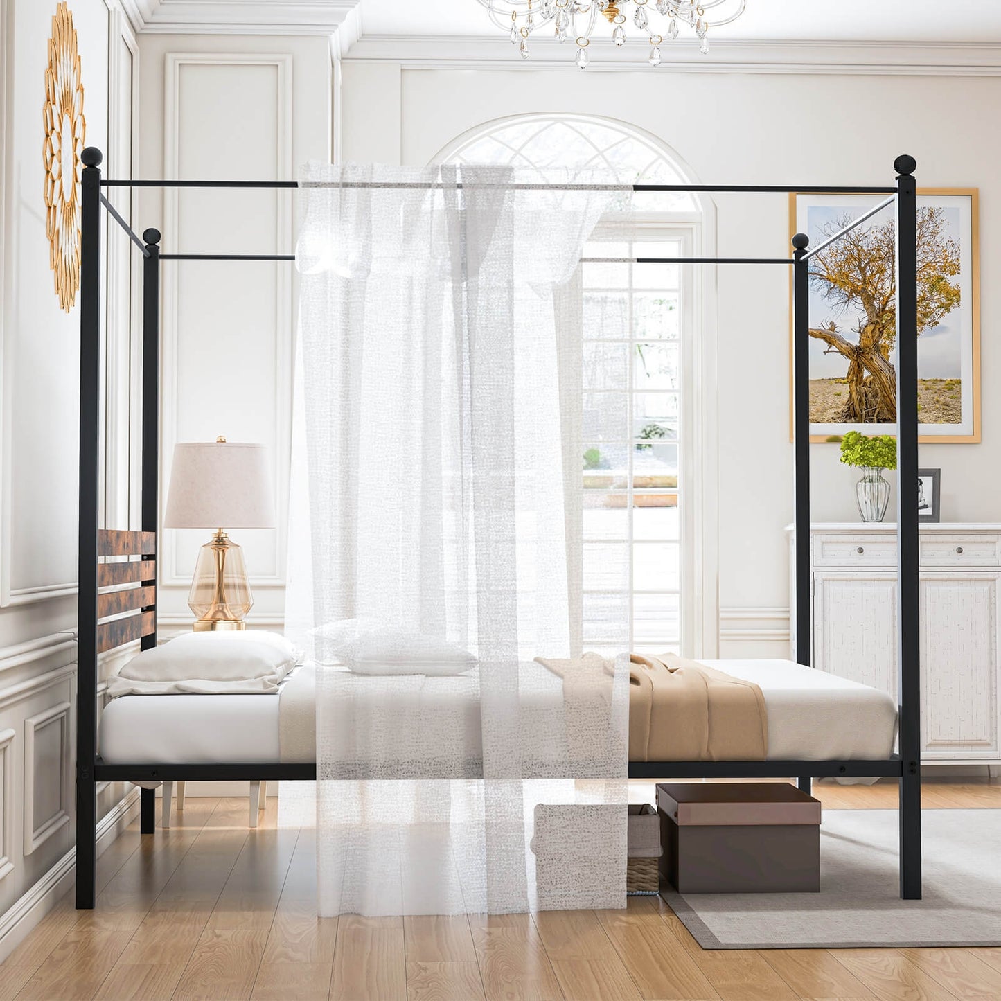 Rustic Canopy Bed Frame with Slatted Headboard and Under Bed Storage – Queen Size