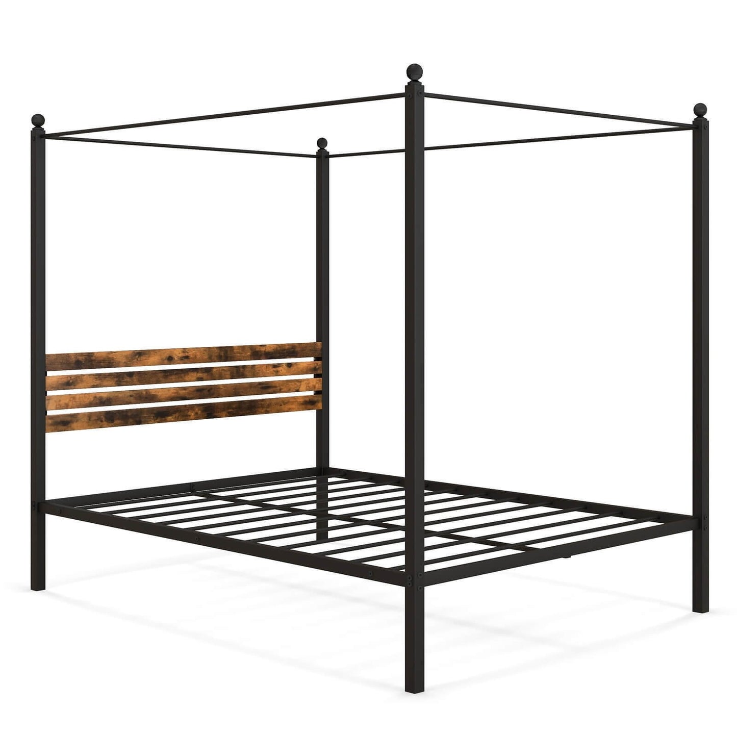 Rustic Canopy Bed Frame with Slatted Headboard and Under Bed Storage – Queen Size