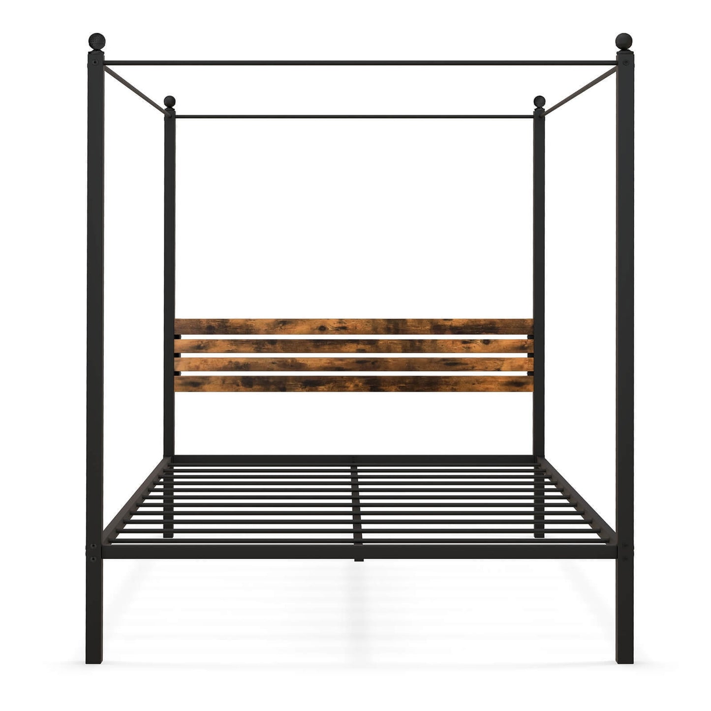 Rustic Canopy Bed Frame with Slatted Headboard and Under Bed Storage – Queen Size