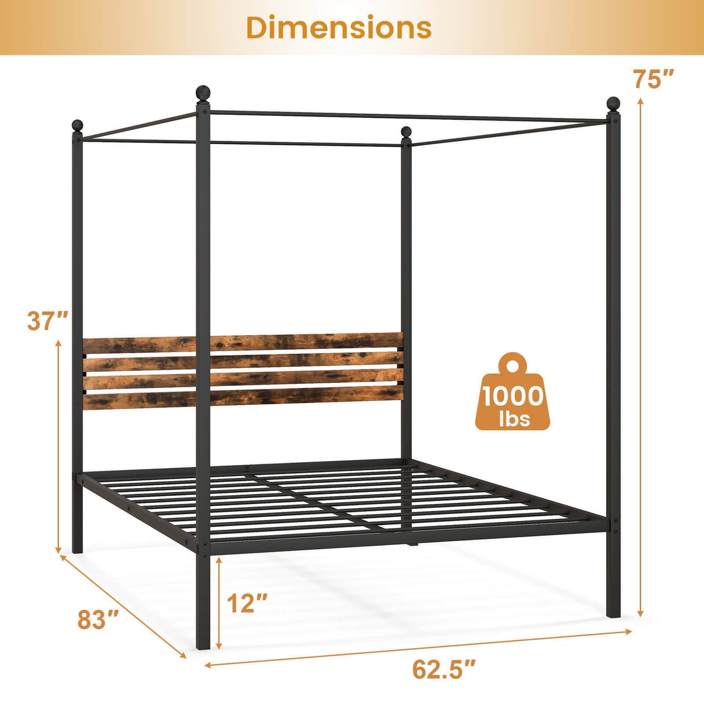 Rustic Canopy Bed Frame with Slatted Headboard and Under Bed Storage – Queen Size