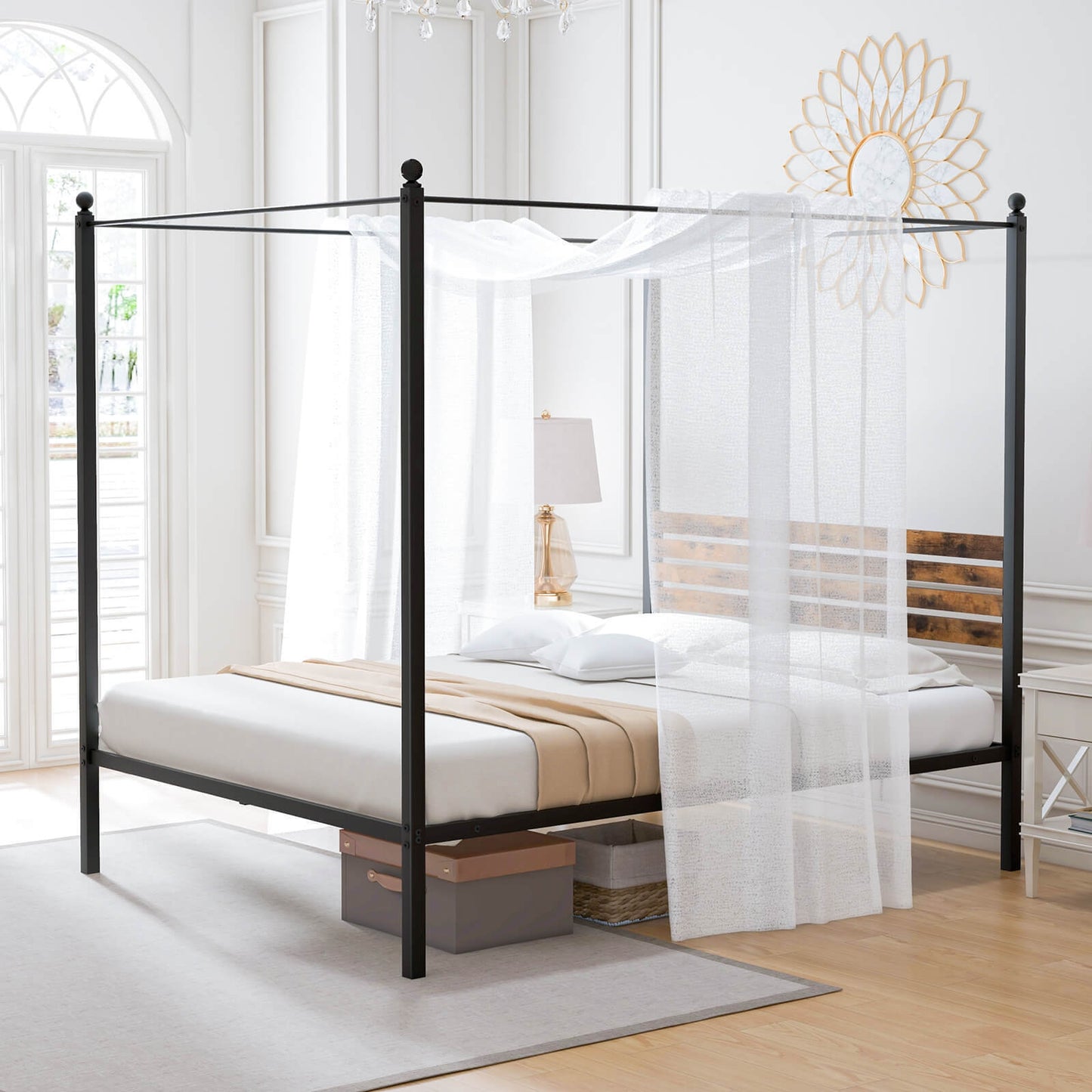Rustic Canopy Bed Frame with Slatted Headboard and Under Bed Storage – Queen Size