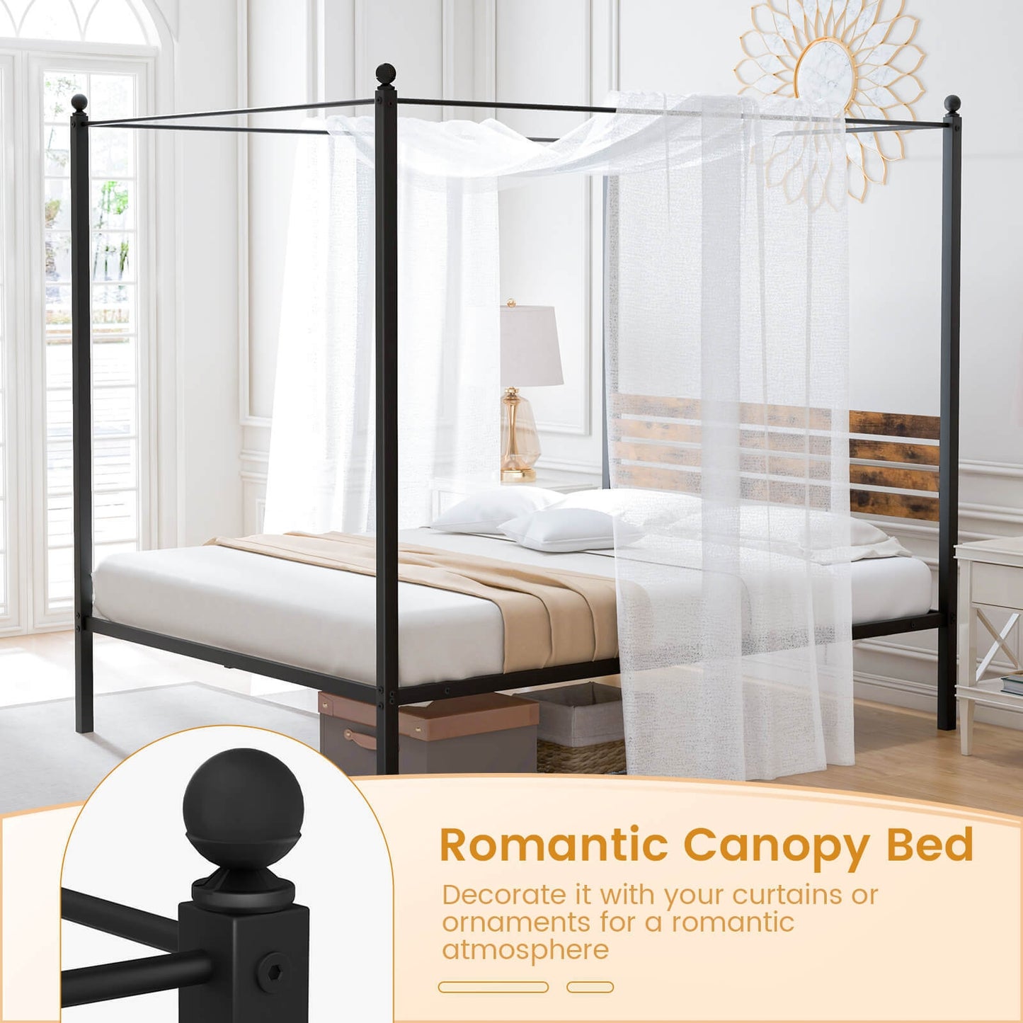 Rustic Canopy Bed Frame with Slatted Headboard and Under Bed Storage – Queen Size