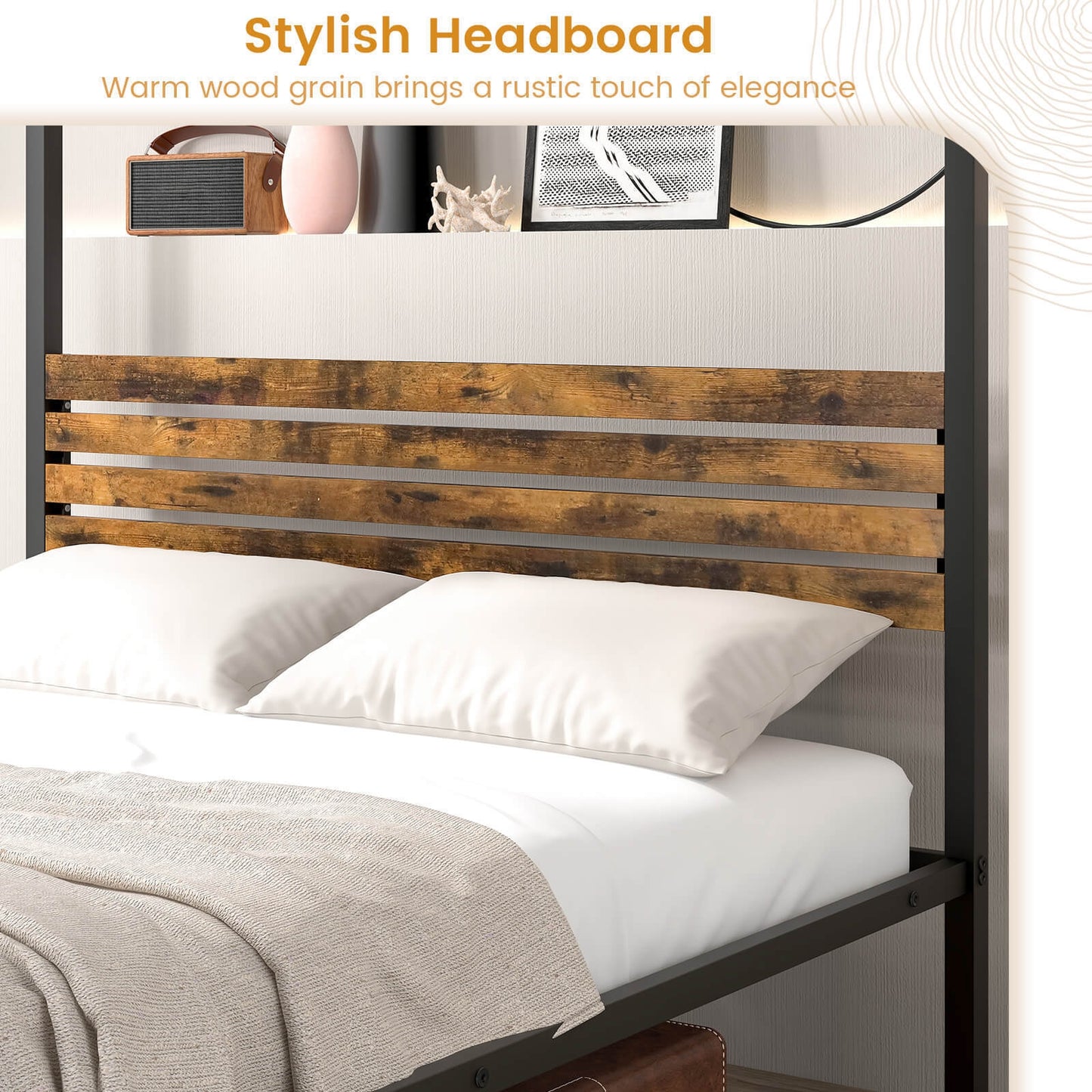 Rustic Canopy Bed Frame with Slatted Headboard and Under Bed Storage – Queen Size