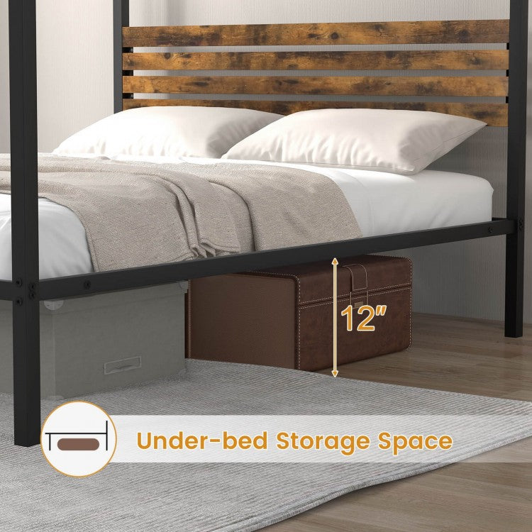 Rustic Canopy Bed Frame with Slatted Headboard and Under Bed Storage – Queen Size