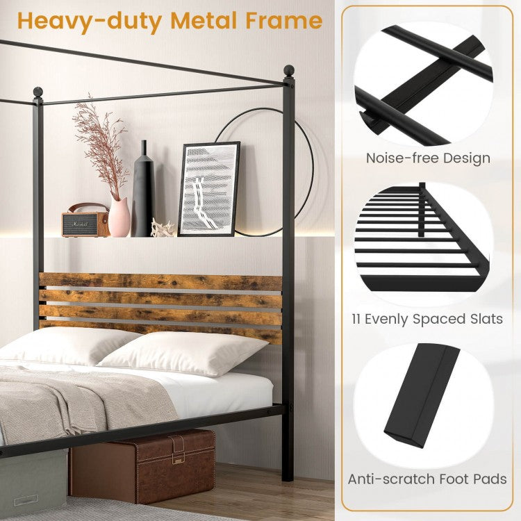 Rustic Canopy Bed Frame with Slatted Headboard and Under Bed Storage – Queen Size