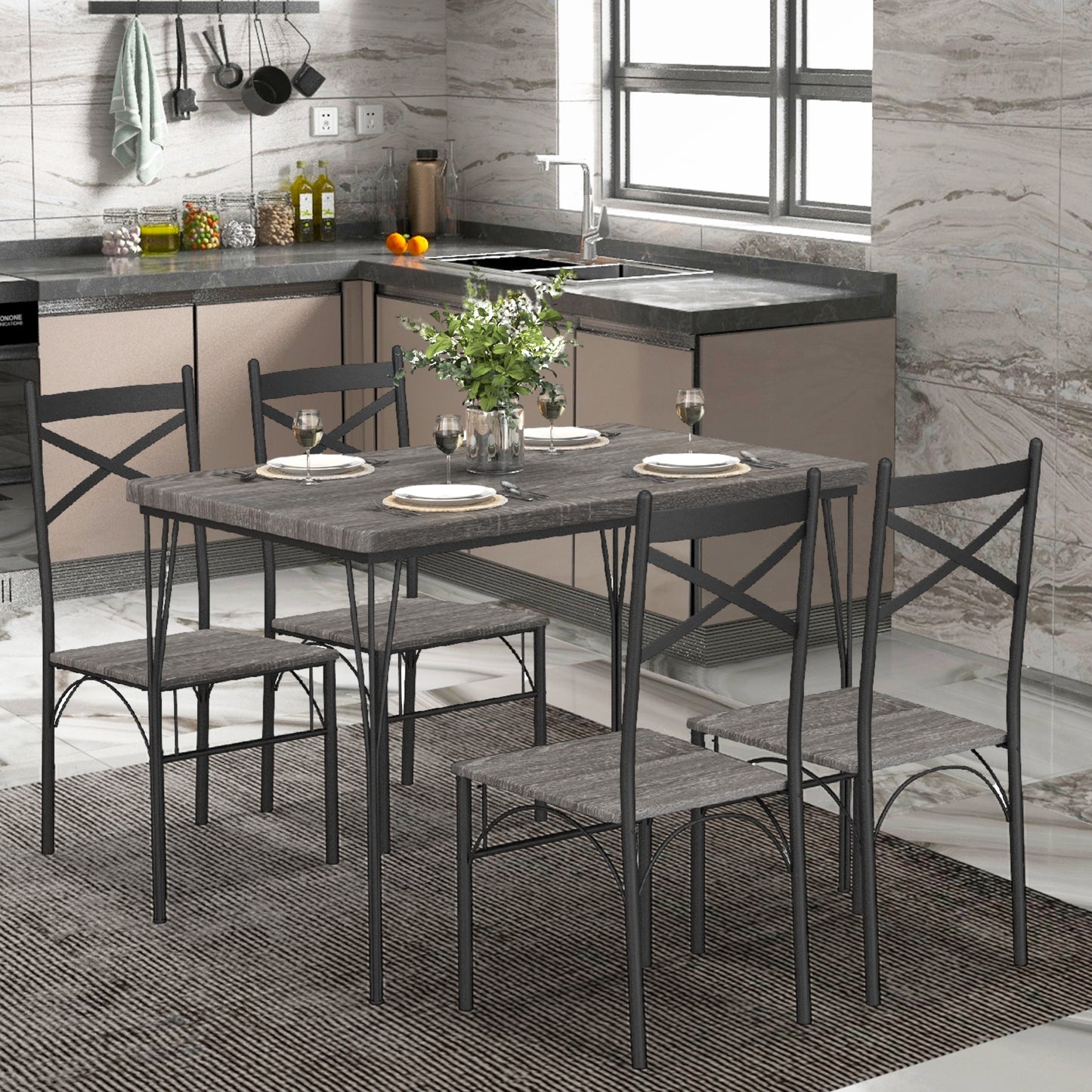 5 Piece Modern Dining Table Set with Metal Frame and Chairs for Kitchen or Dining Room