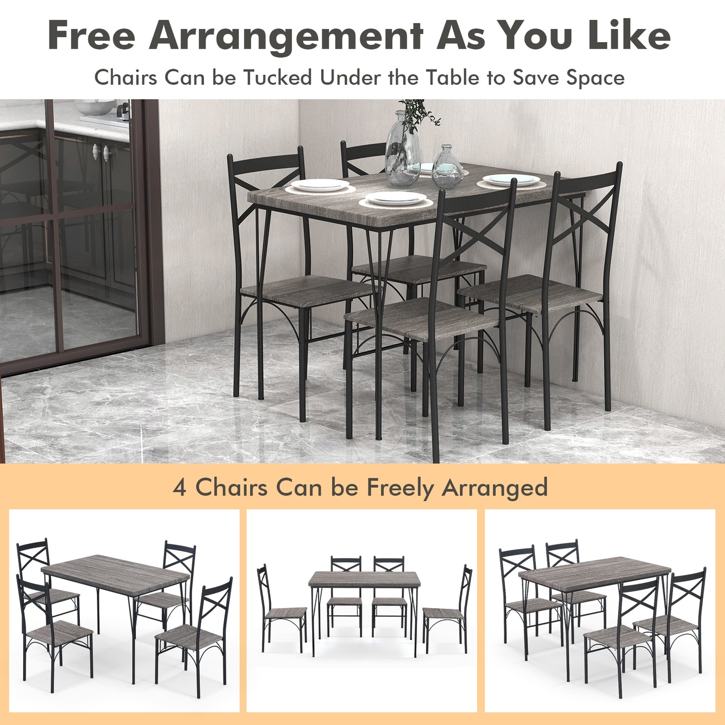 5 Piece Modern Dining Table Set with Metal Frame and Chairs for Kitchen or Dining Room