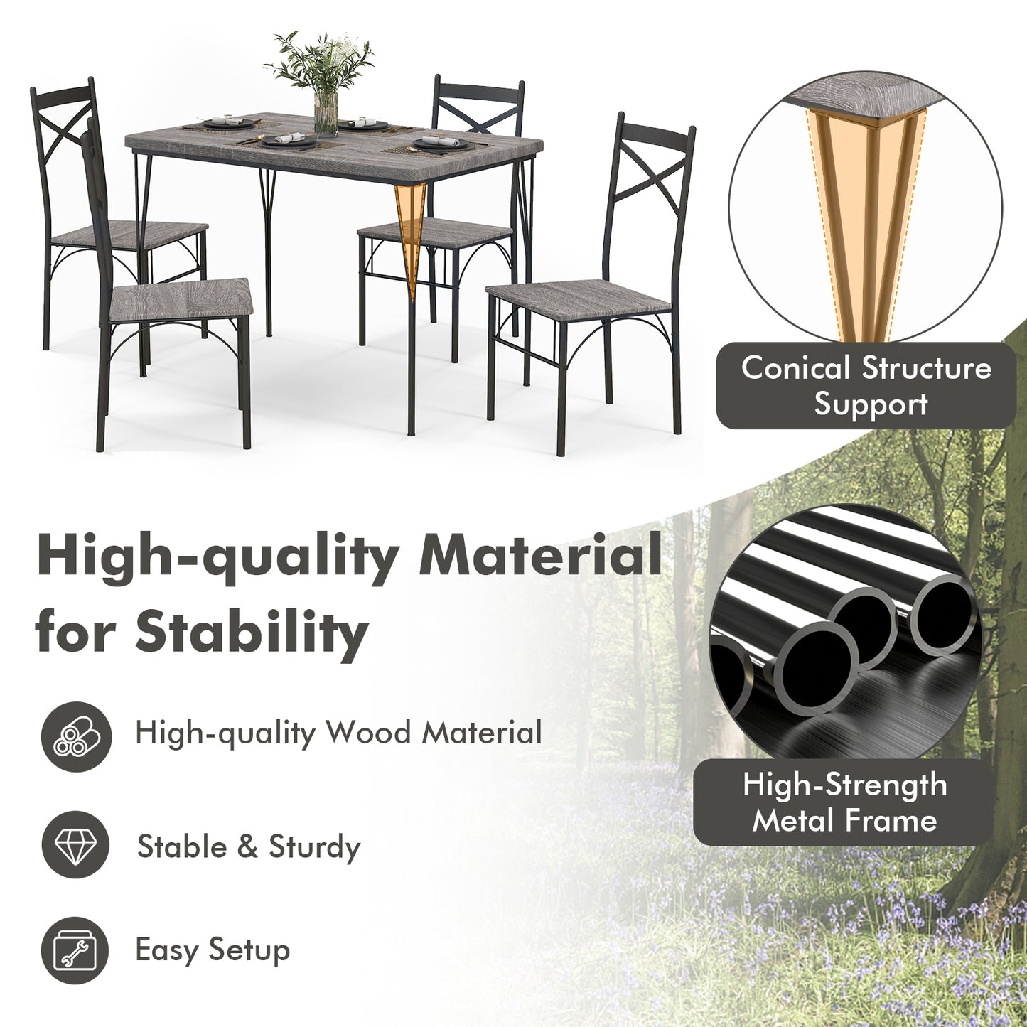 5 Piece Modern Dining Table Set with Metal Frame and Chairs for Kitchen or Dining Room