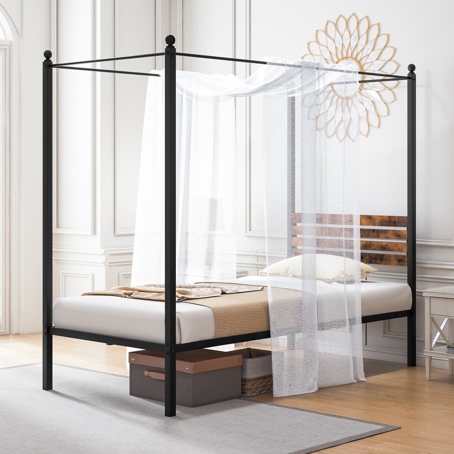Rustic Canopy Bed Frame with Slatted Headboard and Under Bed Storage – Twin Size