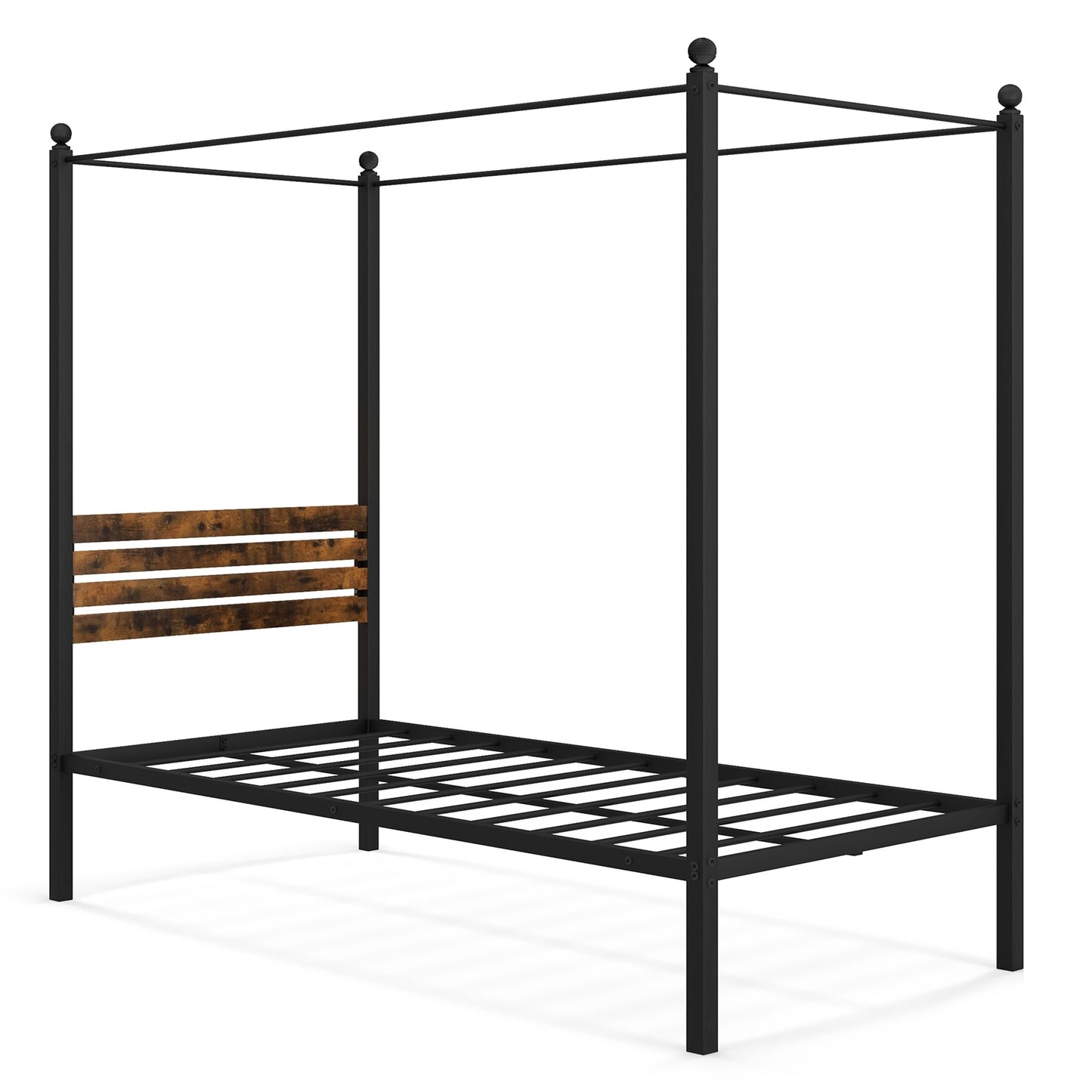 Rustic Canopy Bed Frame with Slatted Headboard and Under Bed Storage – Twin Size