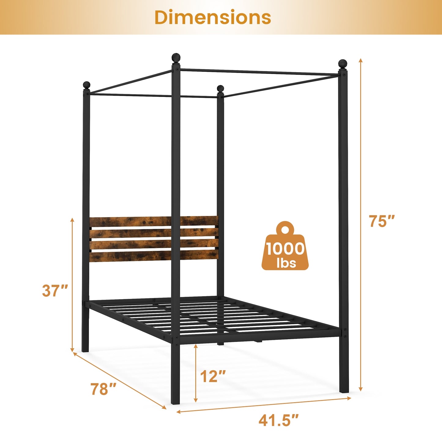 Rustic Canopy Bed Frame with Slatted Headboard and Under Bed Storage – Twin Size