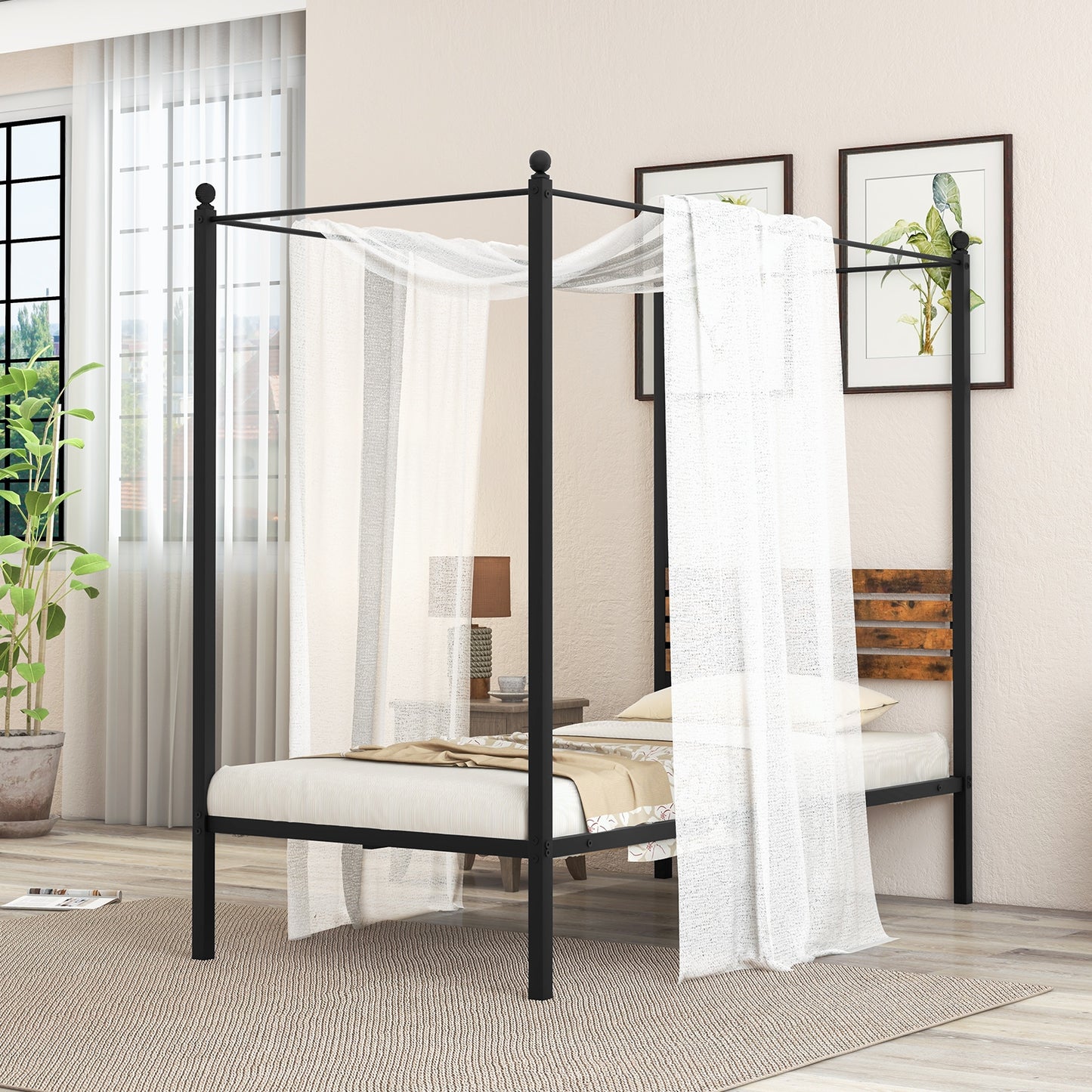 Rustic Canopy Bed Frame with Slatted Headboard and Under Bed Storage – Twin Size