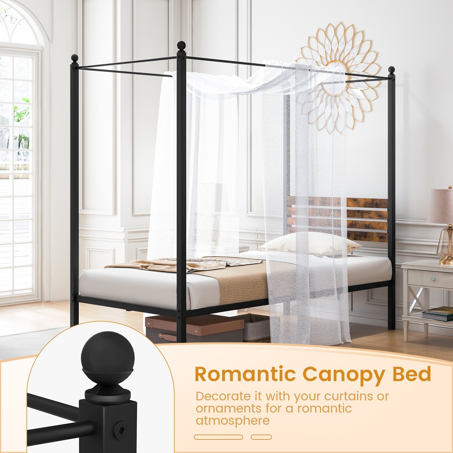 Rustic Canopy Bed Frame with Slatted Headboard and Under Bed Storage – Twin Size