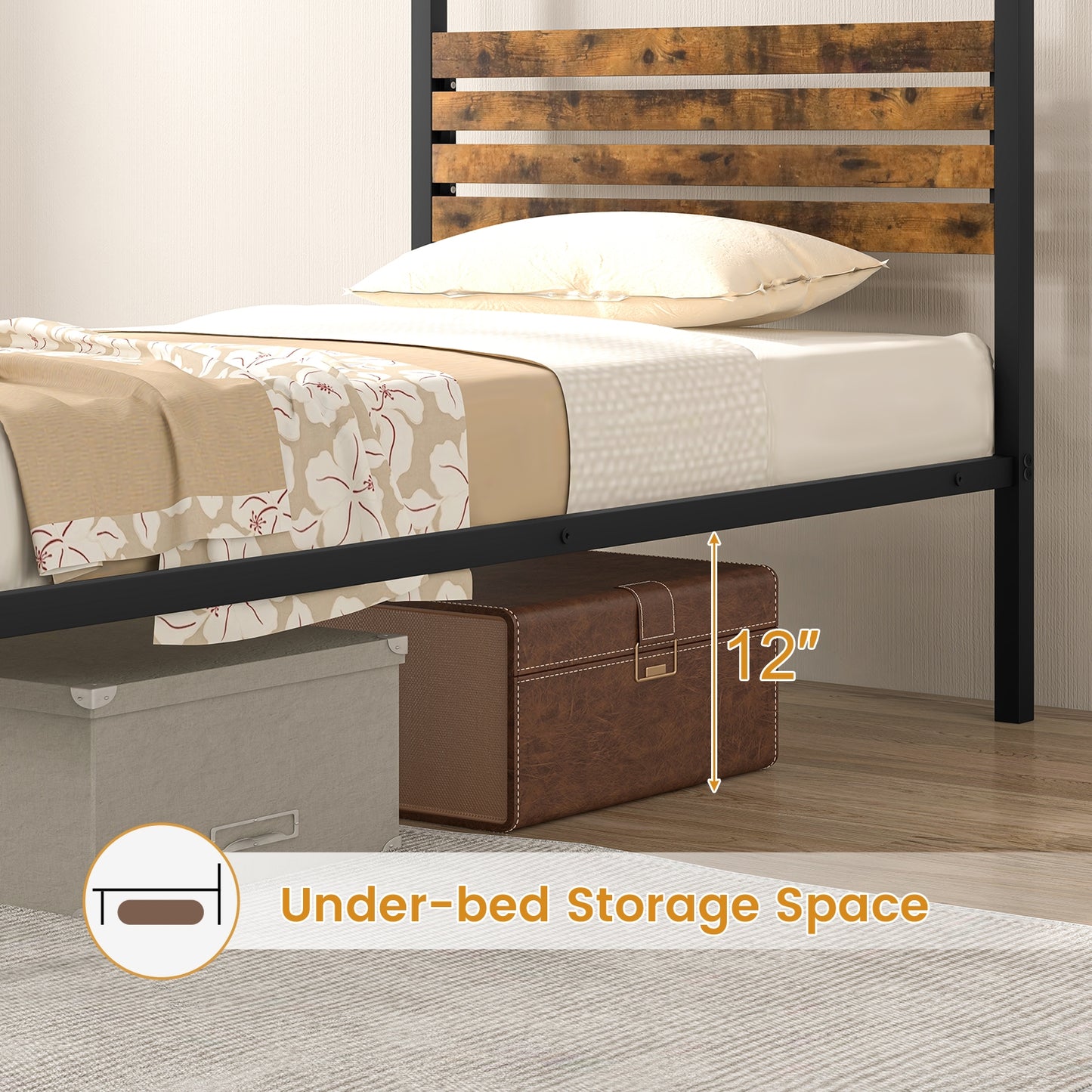 Rustic Canopy Bed Frame with Slatted Headboard and Under Bed Storage – Twin Size