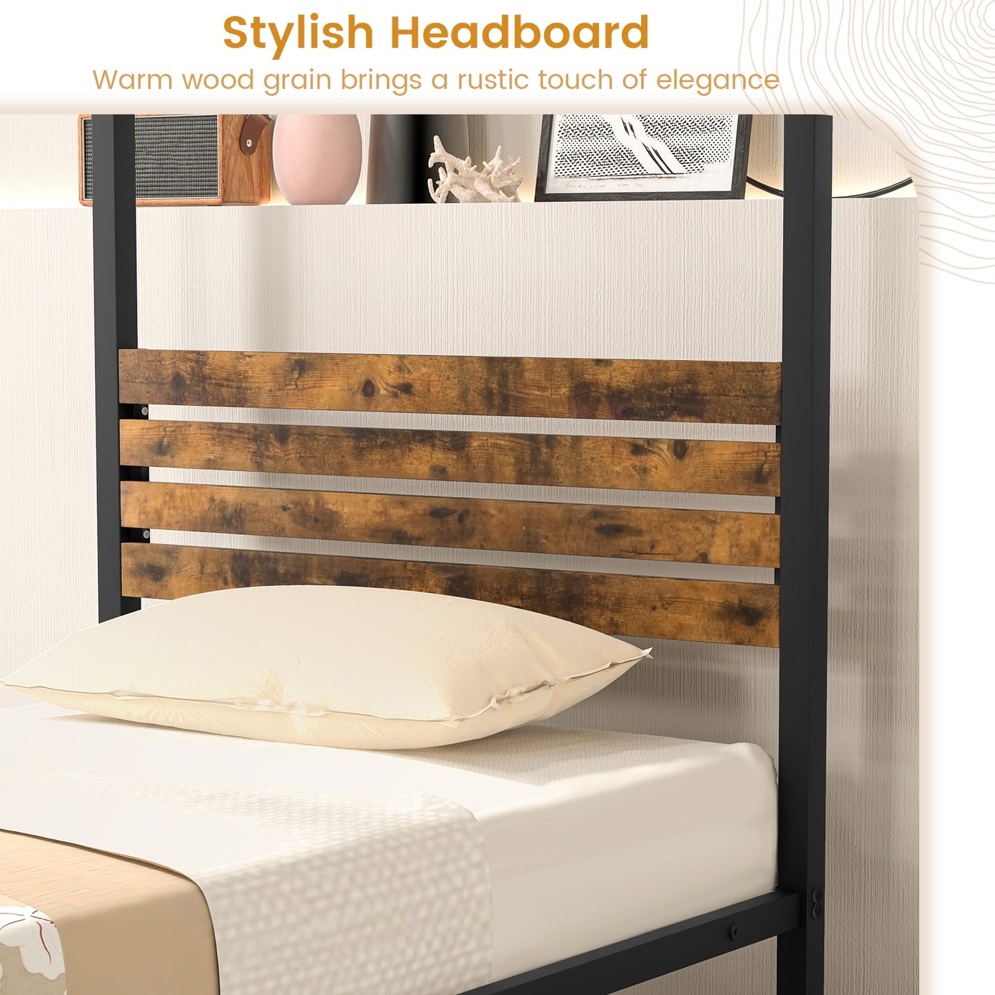Rustic Canopy Bed Frame with Slatted Headboard and Under Bed Storage – Twin Size